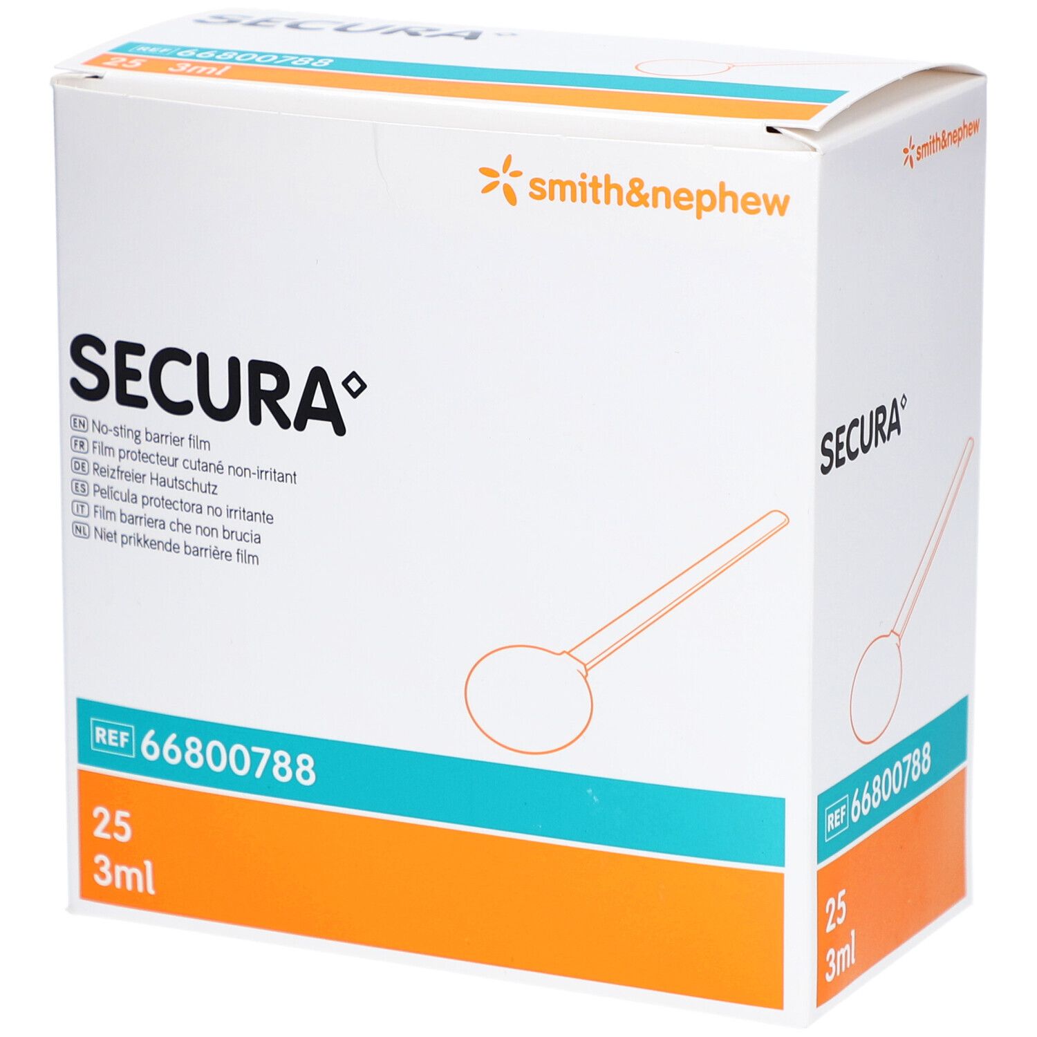 Boîte de film protecteur cutané SECURA. Contient 25 x 3ml. Logo Smith & Nephew.