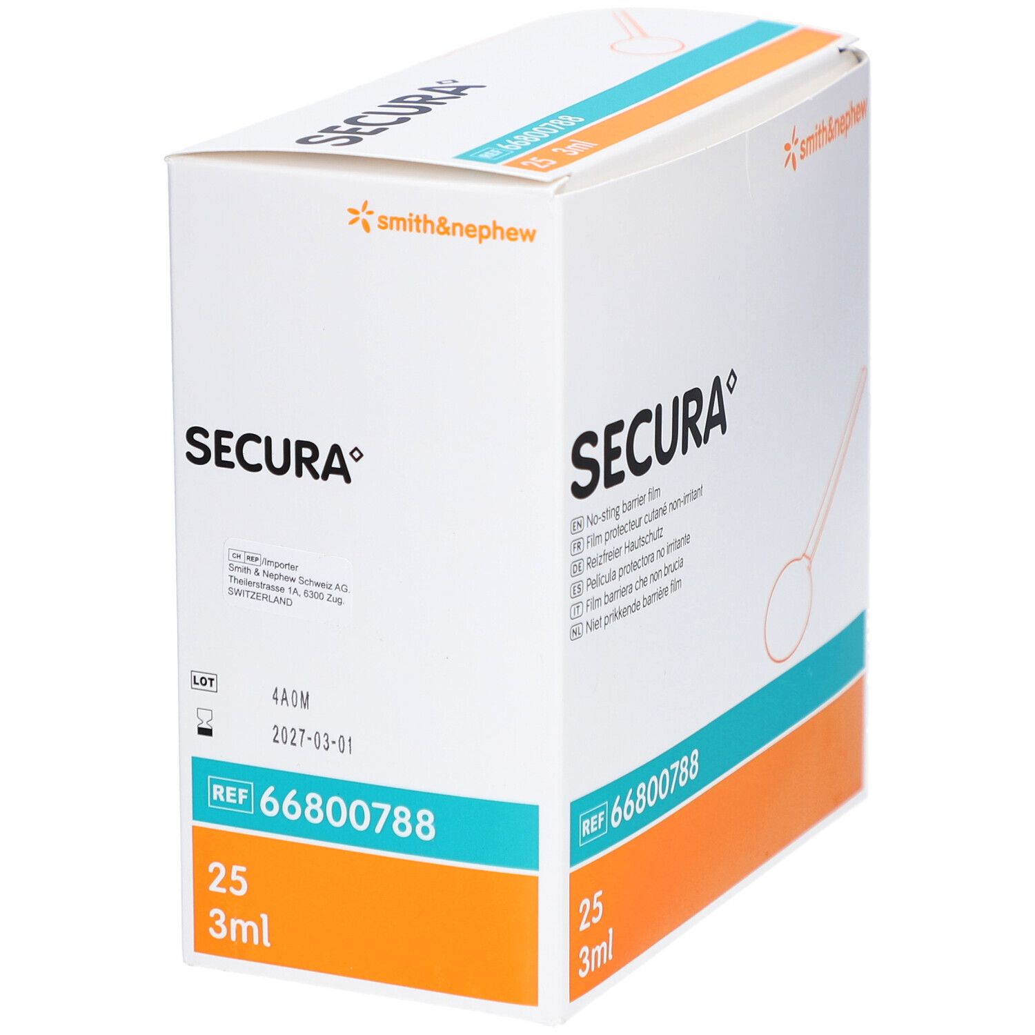 Boîte de film protecteur cutané SECURA. Contient 25 x 3ml. Logo Smith & Nephew. Réf. 66800788.