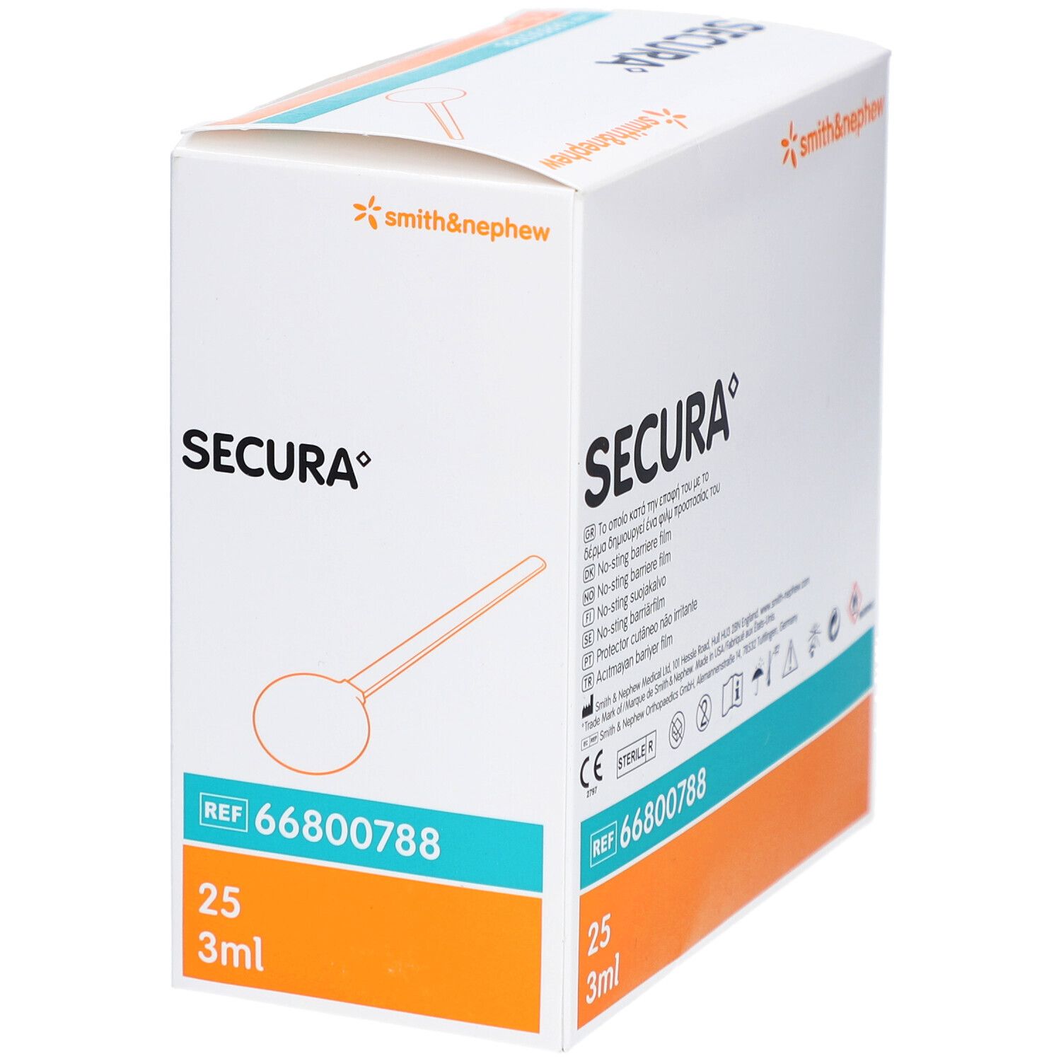 Boîte de film protecteur cutané SECURA. Contient 25 x 3ml. Logo Smith & Nephew. Réf. 66800788.