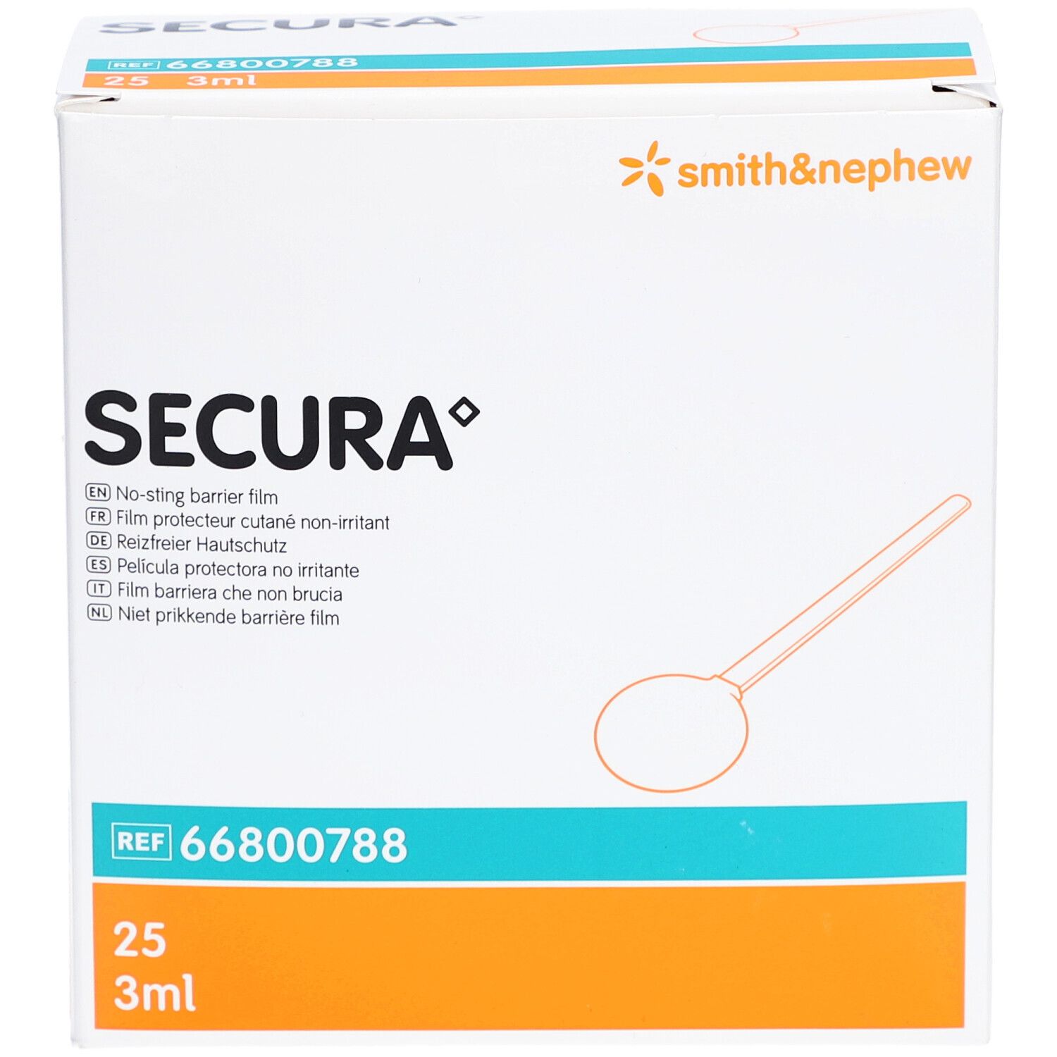 Boîte de film protecteur cutané SECURA. Contient 25 x 3ml. Logo Smith & Nephew. Réf. 66800788.