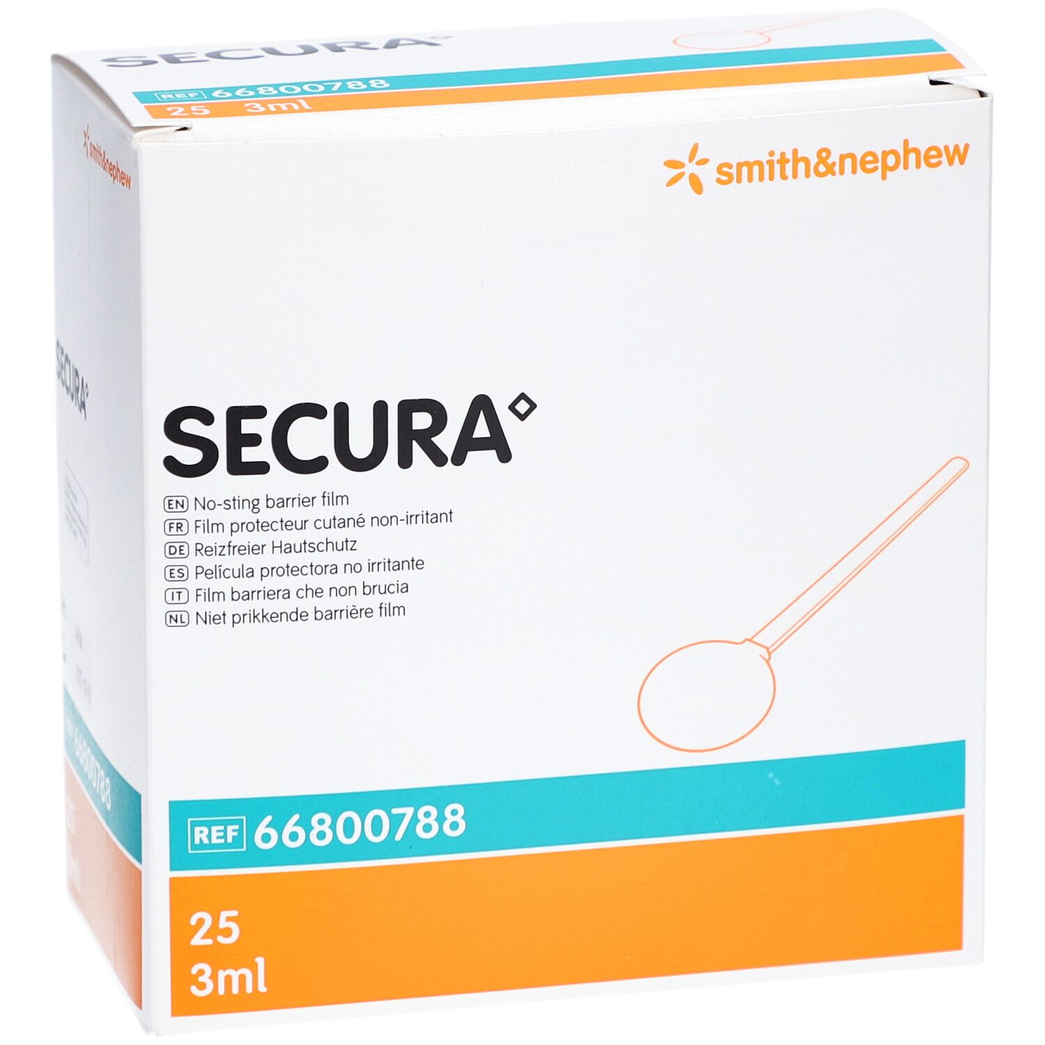 Boîte de film protecteur cutané SECURA. Contient 25 x 3ml. Logo Smith & Nephew. Réf. 66800788.
