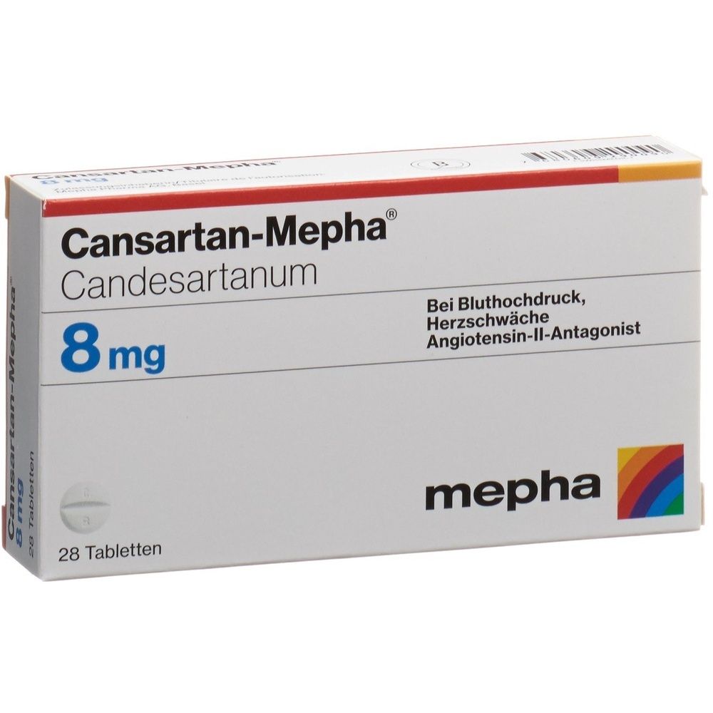 Karton Cansartan Mepha Tabl 8 mg. Aufschrift: 8 mg, 28 Stk. Herstellerlogo. Weiß, rot und graue Verpackung.