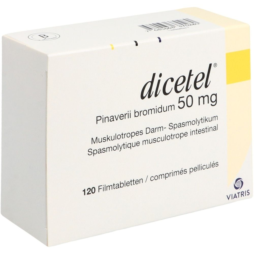 Kartonverpackung. Aufschrift: dicetel, 50 mg. Gelber Akzent. Rechteckige Form. Weißer Hintergrund.