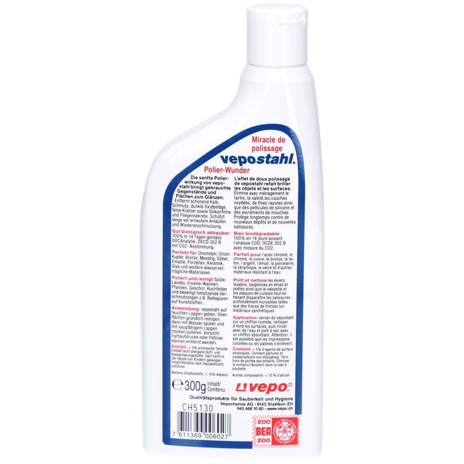 Dos du flacon VEPOSTAHL Polierwunder. Texte : Polier-Wunder, vepo stahl, Miracle de polissage. 300g. Ingrédients. CH5130.