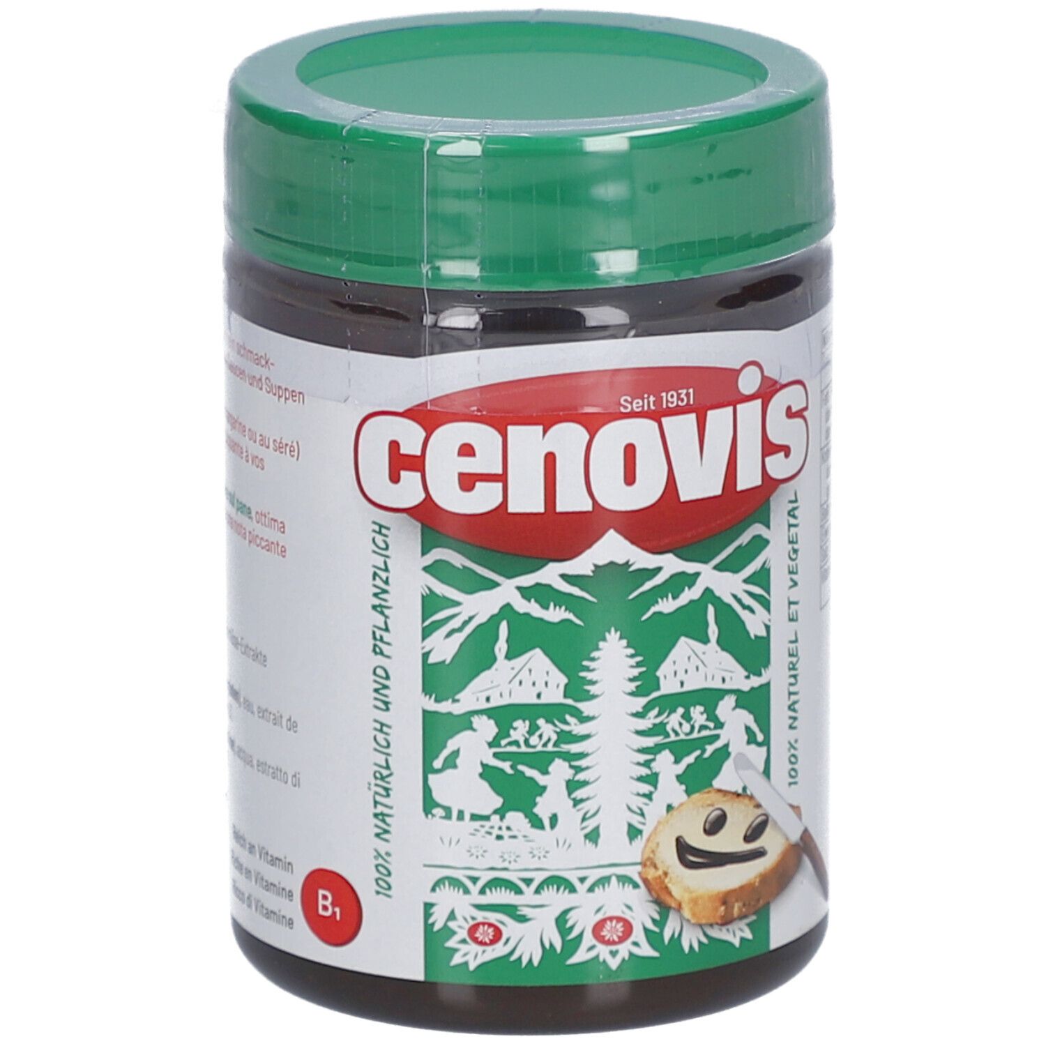 Cenovis Pâte à Tartiner Originale. Glas mit grünem Deckel. Etikett mit Logo, Landschaft und Text. Seit 1931.