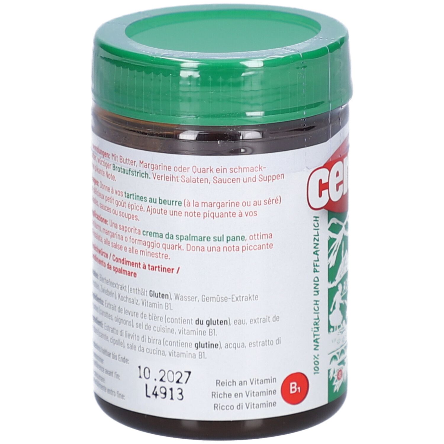 Rückseite des Cenovis Pâte à Tartiner Originale Glases. Text in mehreren Sprachen. Mindesthaltbarkeitsdatum: 10.2027.