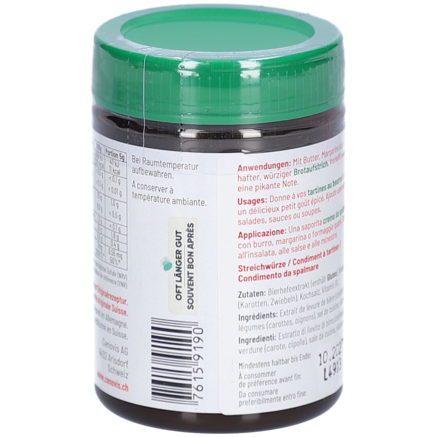 Rückseite des Cenovis Pâte à Tartiner Originale Glases. Text, Barcode und Mindesthaltbarkeitsdatum. Oft länger gut.