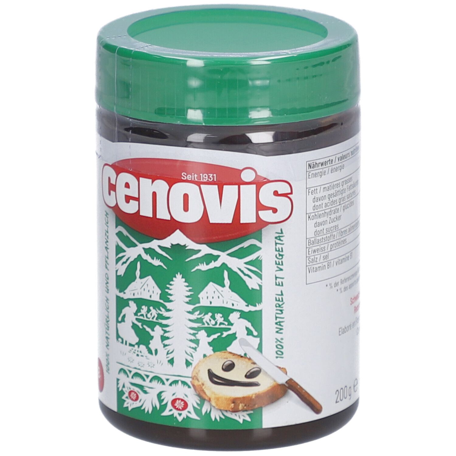 Cenovis Pâte à Tartiner Originale. Glas mit grünem Deckel. Etikett mit Logo, Landschaft und Text. 200g.