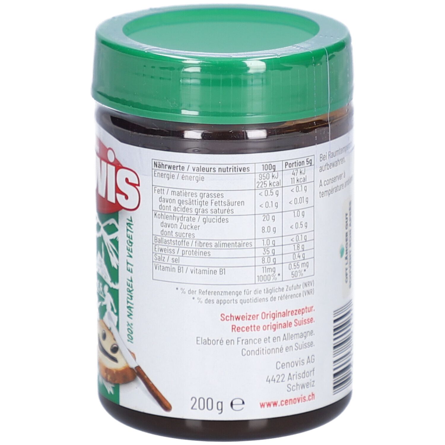 Rückseite des Cenovis Pâte à Tartiner Originale Glases. Nährwertangaben und Text. 200g.