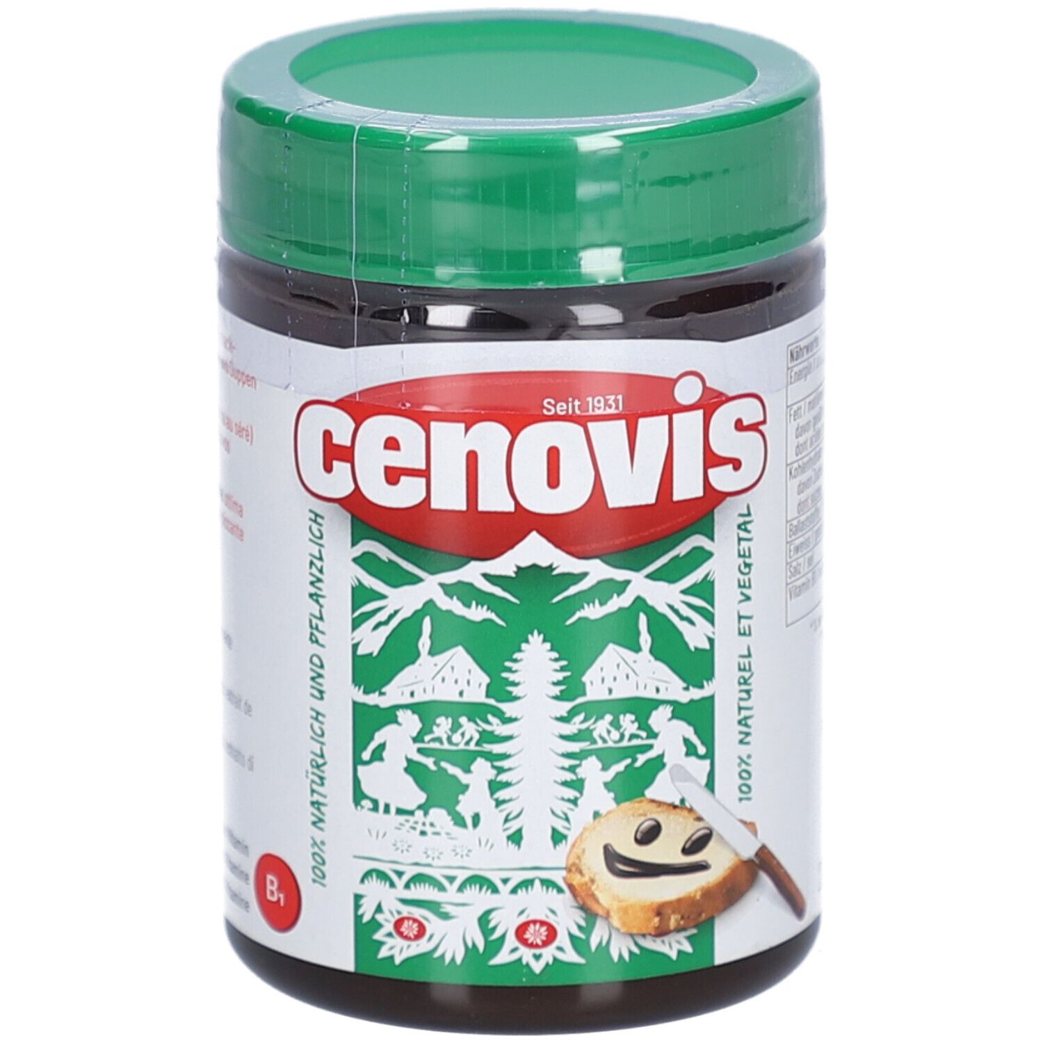 Cenovis Pâte à Tartiner Originale. Glas mit grünem Deckel. Etikett mit Logo, Landschaft und Text. B1.