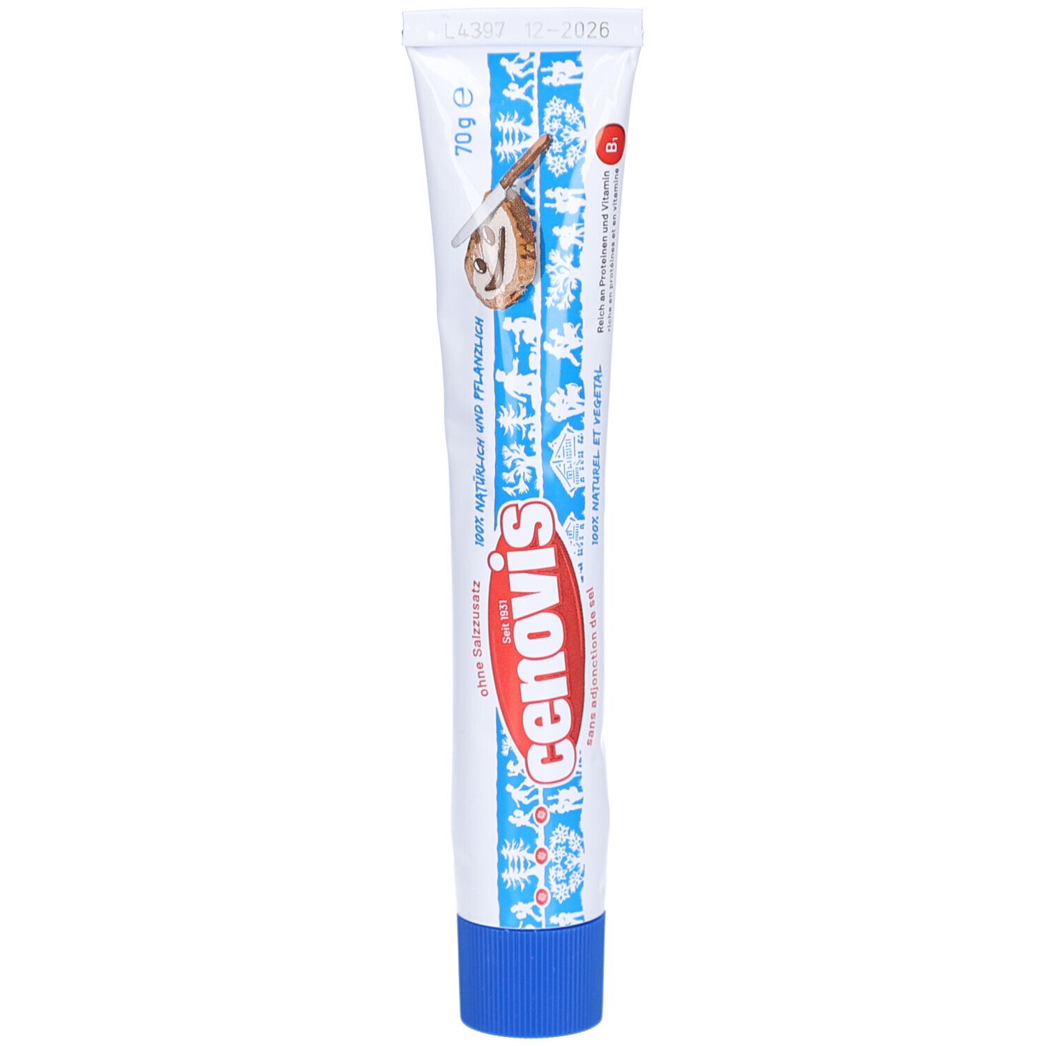 Tube CENOVIS Brotaufstrich ohne Salz. Weiß, blau und rot. 70g. Aufschrift: 100% natürlich und pflanzlich. Mit Schnecken-Illustration.
