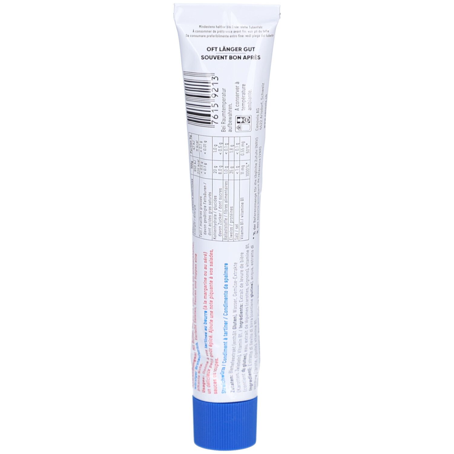 Rückseite der Tube CENOVIS Brotaufstrich. Weiß mit Text und Barcode. Blauer Verschluss. Aufschrift: Oft länger gut.