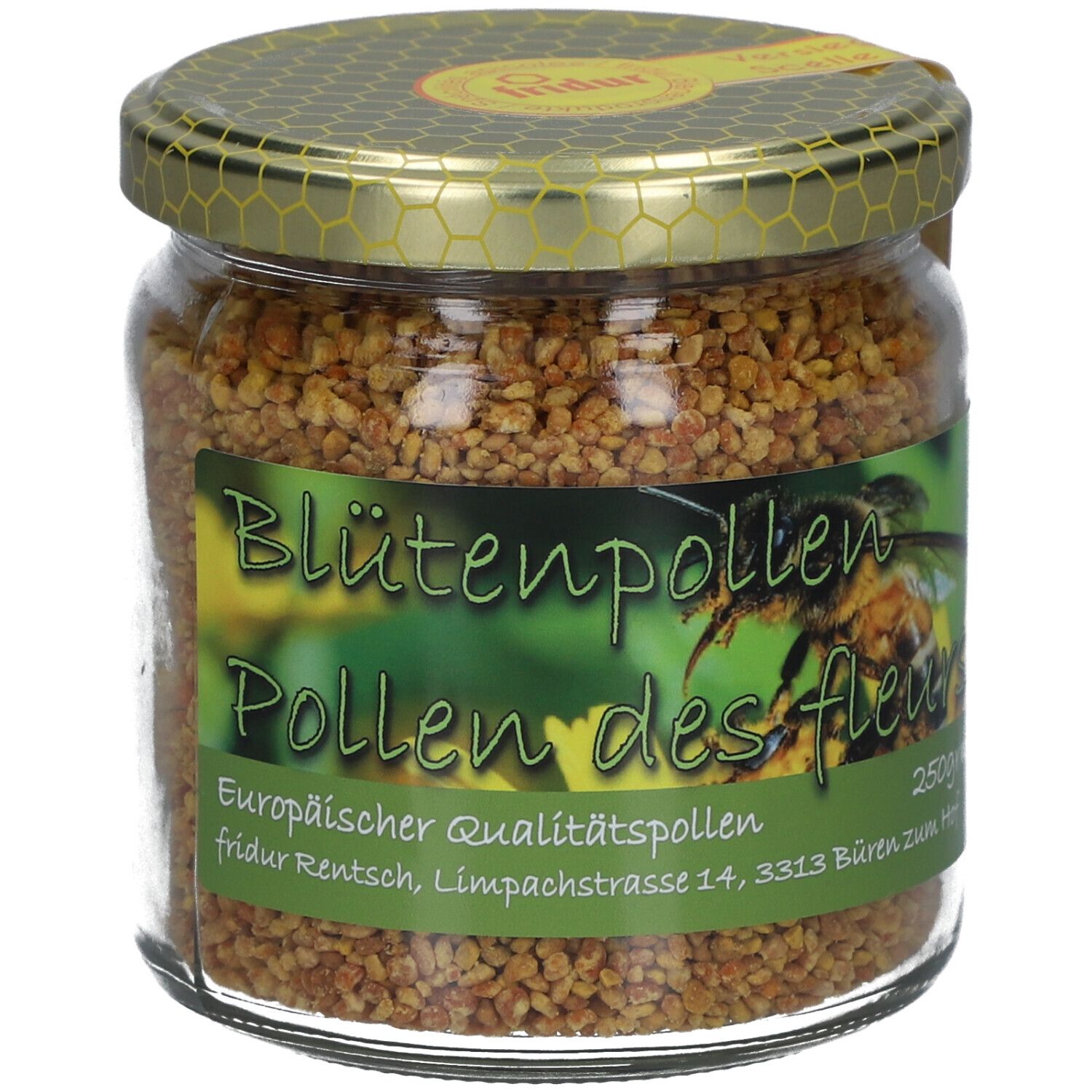 Glas mit Blütenpollen. Etikett mit Text: Blütenpollen, Pollen des fleurs. Goldfarbener Deckel. Gelbes Siegel.