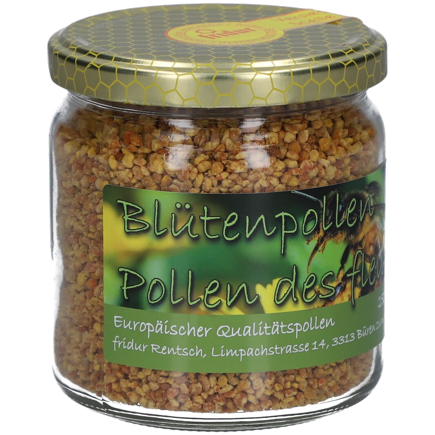 Glas mit Blütenpollen. Etikett mit Text: Blütenpollen, Pollen des fleurs. Goldfarbener Deckel. Gelbes Siegel.
