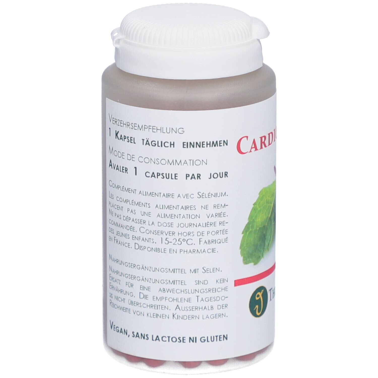 Flacon de gélules Cardioselen. Texte: 'Avaler 1 capsule par jour'. Marque: THIÉMARD.