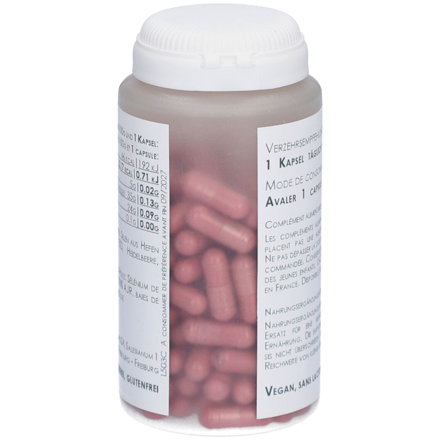 Flacon transparent avec gélules rouges Cardioselen. Texte sur l'étiquette. Marque: THIÉMARD.