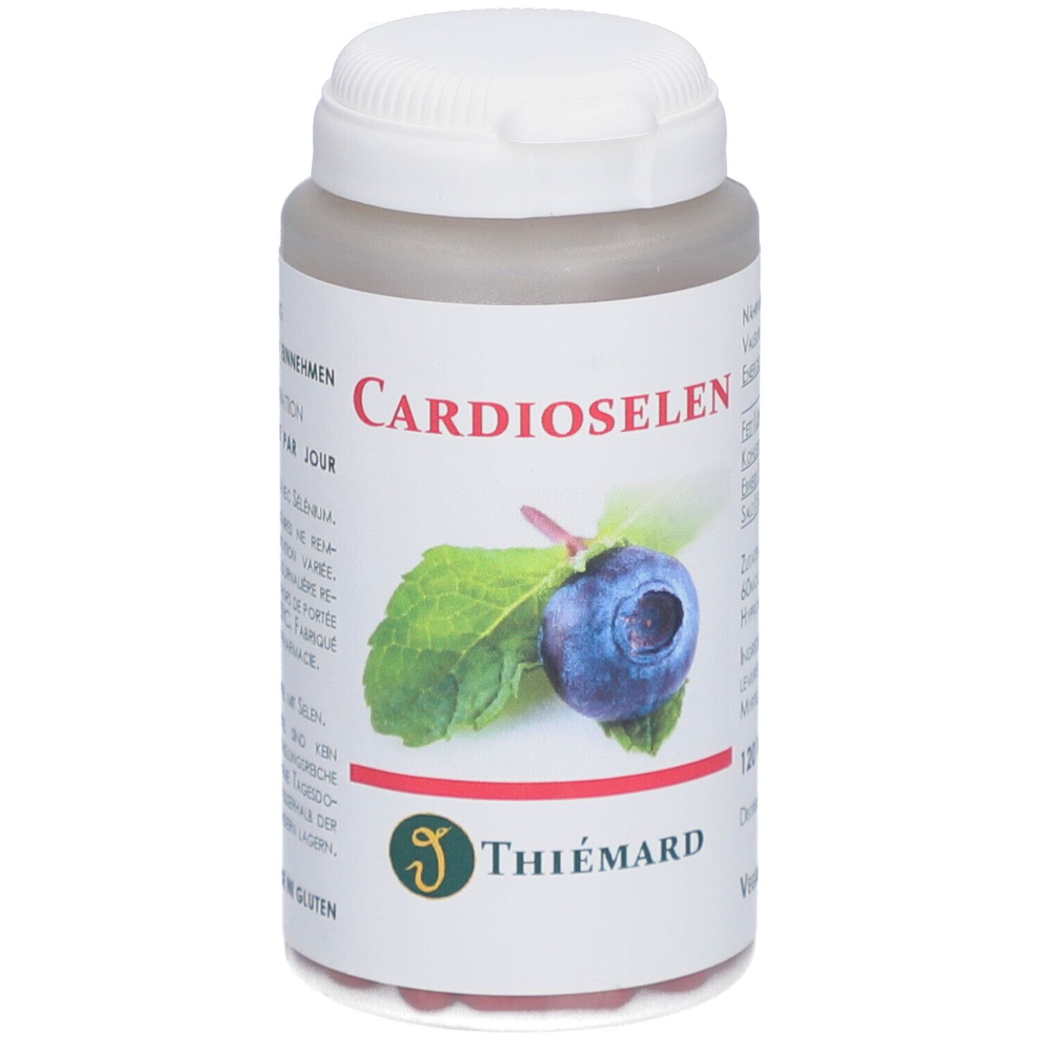 Flacon de gélules Cardioselen, illustration de myrtille et feuilles. Marque: THIÉMARD.