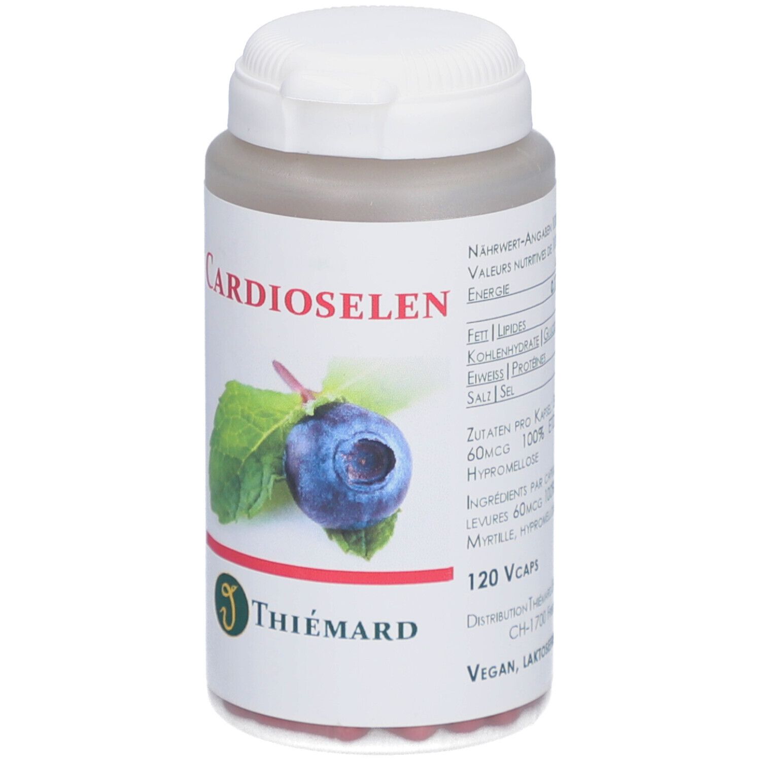 Flacon de gélules Cardioselen, illustration de myrtille et feuilles. Marque: THIÉMARD.