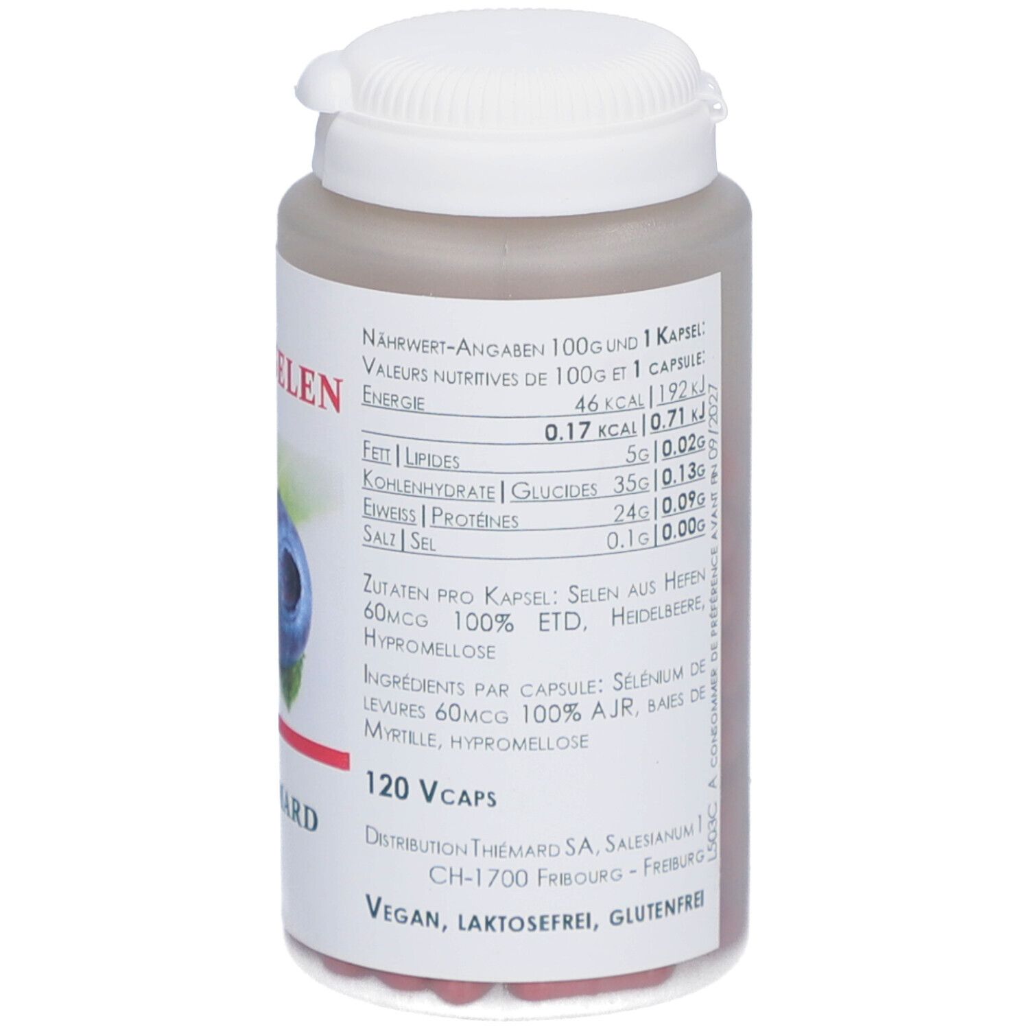 Flacon de gélules Cardioselen. Informations nutritionnelles et ingrédients. Marque: THIÉMARD.