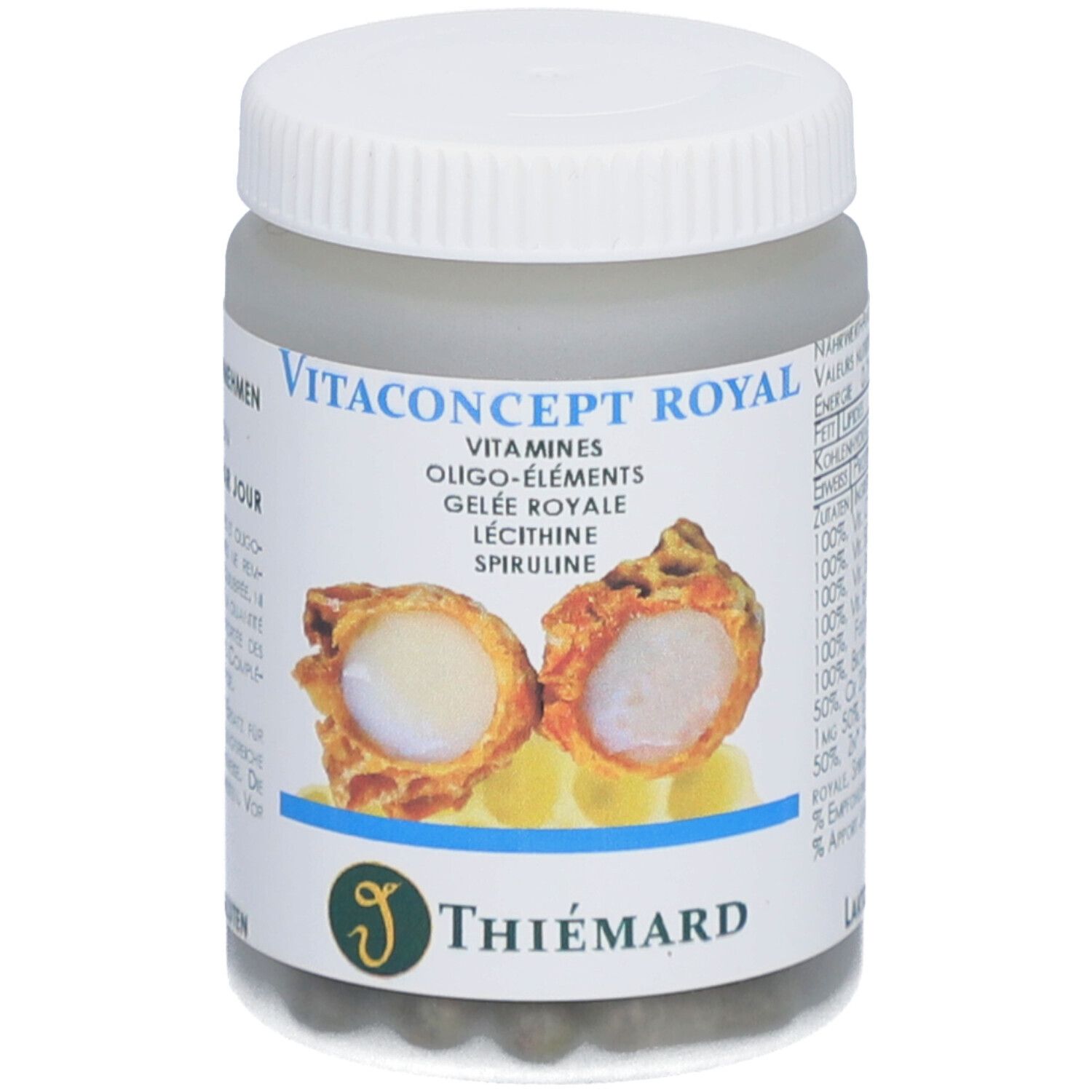 Dose mit Kapseln. Aufschrift: Vitaconcept Royal, Vitamine, Oligo-Elemente, Gelée Royale, Lecithin, Spiruline. Marke: Thiemard.