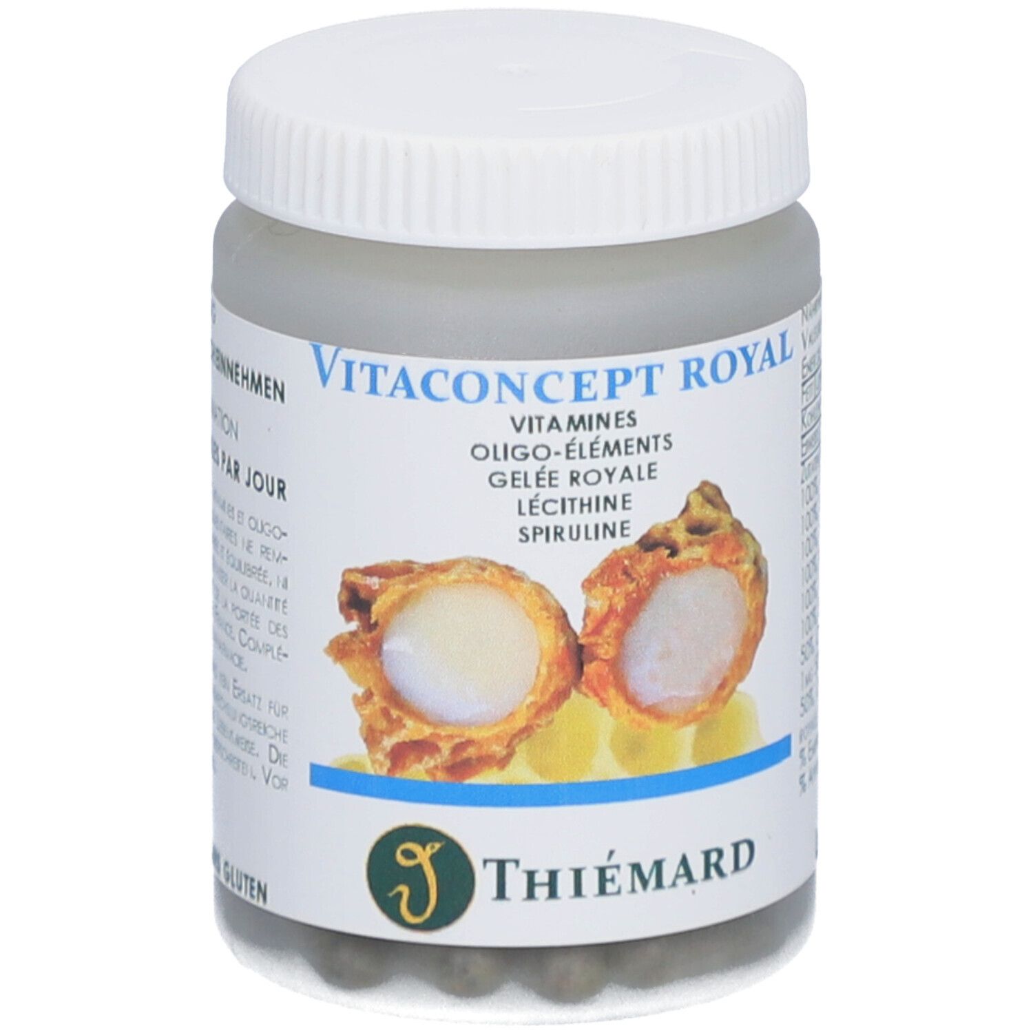Dose mit Kapseln. Aufschrift: Vitaconcept Royal, Vitamine, Oligo-Elemente, Gelée Royale, Lecithin, Spiruline. Marke: Thiemard.