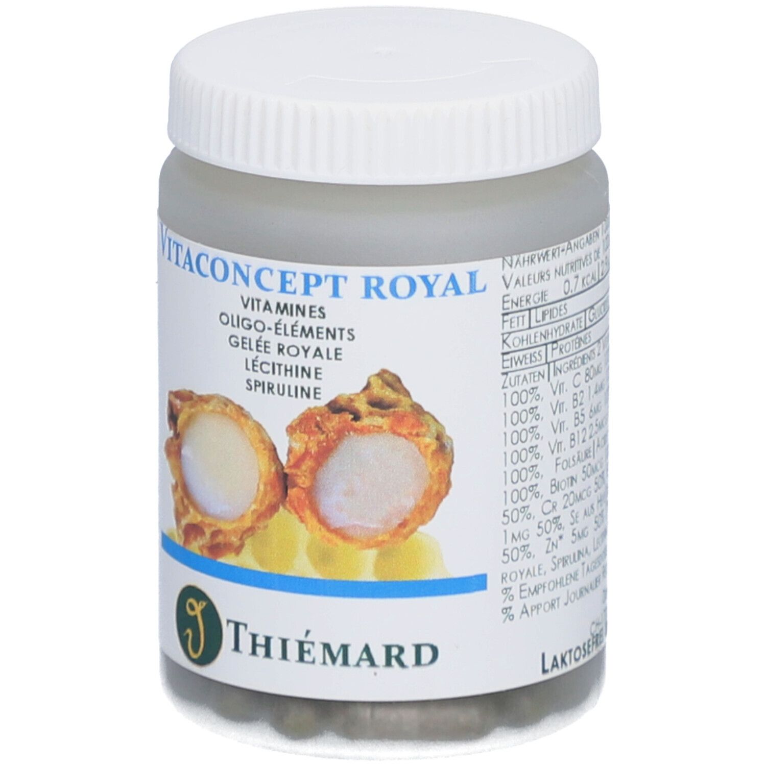 Dose mit Kapseln. Aufschrift: Vitaconcept Royal, Vitamine, Oligo-Elemente, Gelée Royale, Lecithin, Spiruline. Marke: Thiemard.