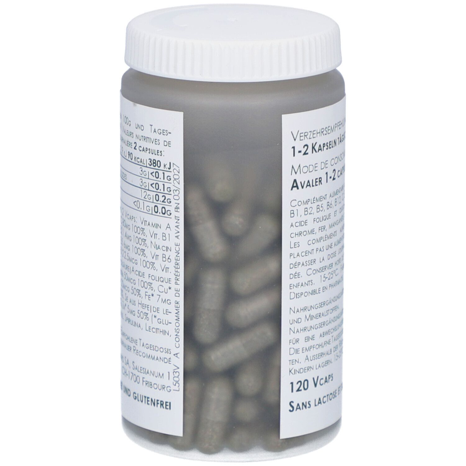 Dose THIÉMARD Vitaconcept Royal. Enthält 120 Kapseln. Rückseite mit Nährwertangaben und Inhaltsstoffen. Ohne Laktose und Gluten.