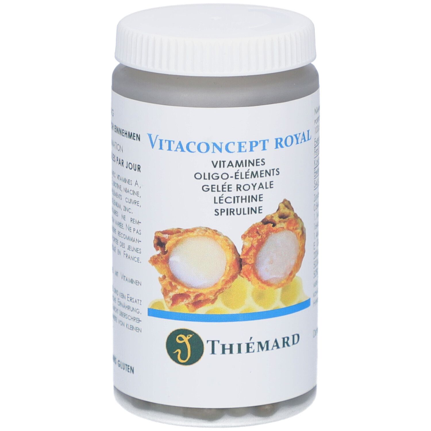 Dose THIÉMARD Vitaconcept Royal. Enthält Vitamine, Oligo-Elemente, Gelée Royale, Lecithin, Spirulina. Weißer Deckel.