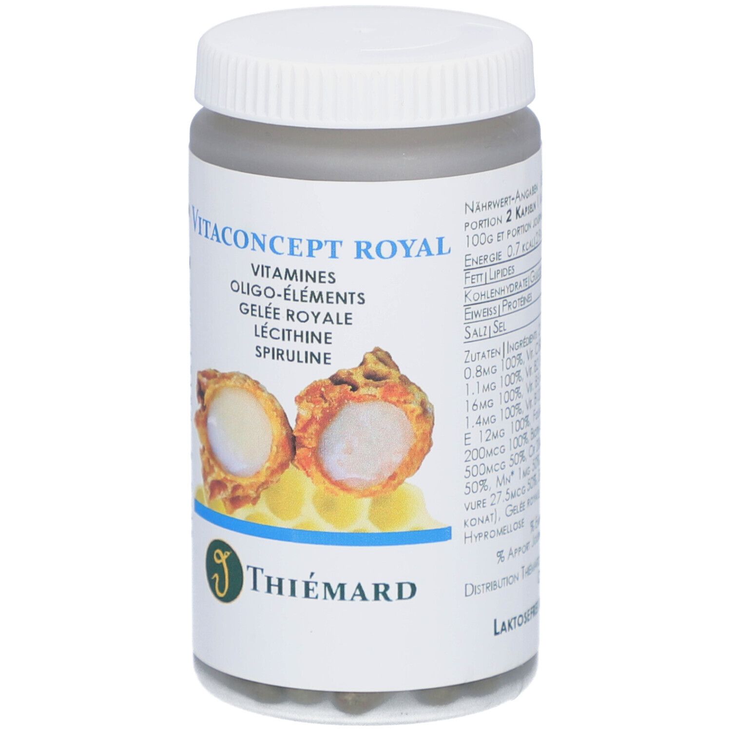 Dose THIÉMARD Vitaconcept Royal. Enthält Vitamine, Oligo-Elemente, Gelée Royale, Lecithin, Spirulina. Weißer Deckel.