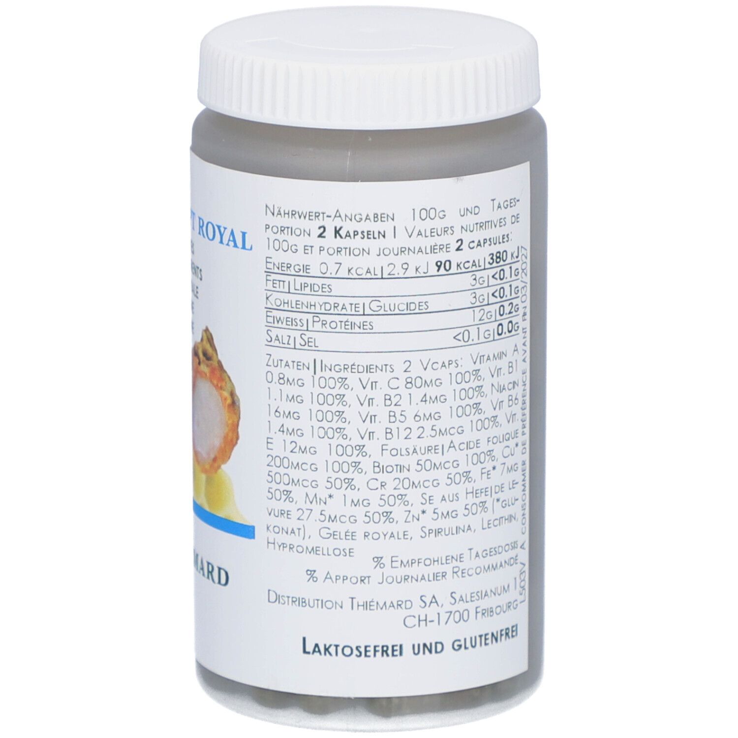 Dose THIÉMARD Vitaconcept Royal. Nährwertangaben und Inhaltsstoffe. Enthält 120 Kapseln. Ohne Laktose und Gluten.