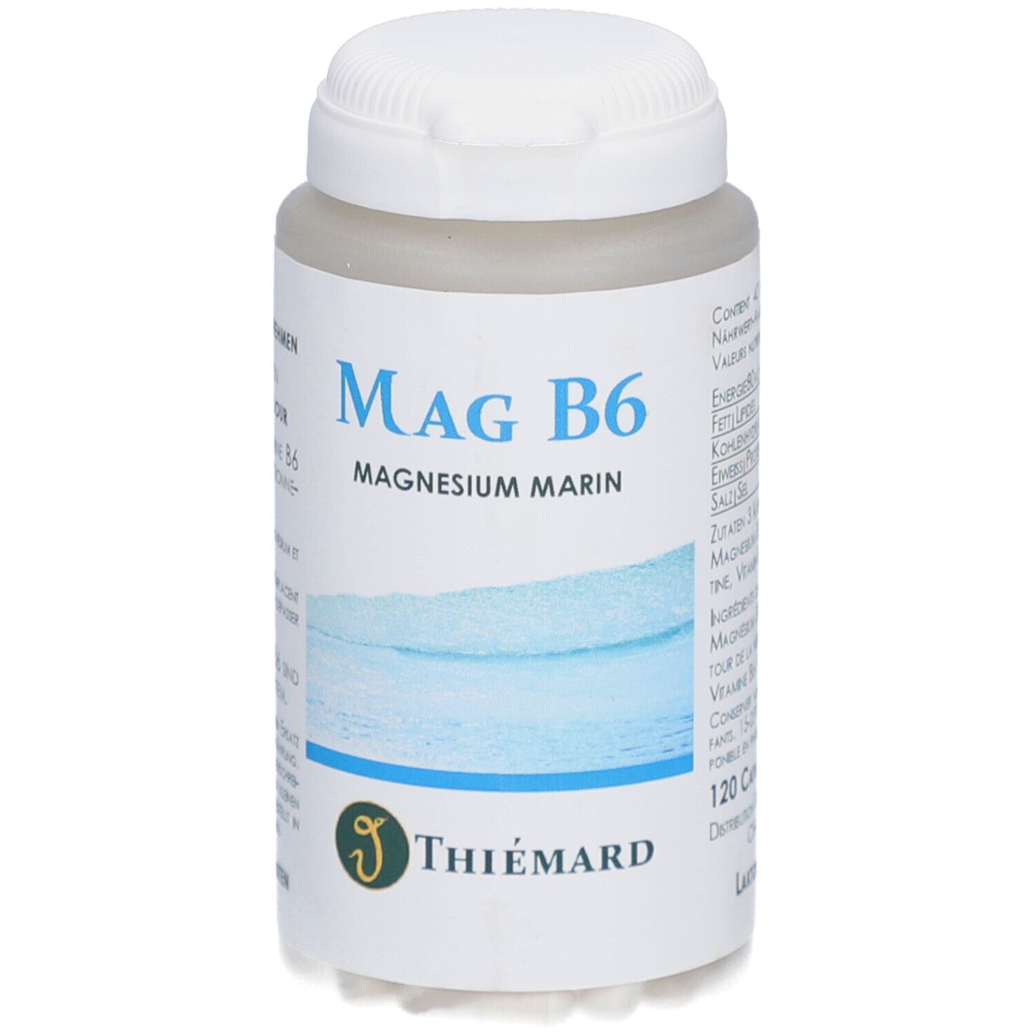 Flacon blanc avec étiquette bleue. Inscription: Mag B6 Magnesium Marin. Marque: THIÉMARD. Bouchon blanc.