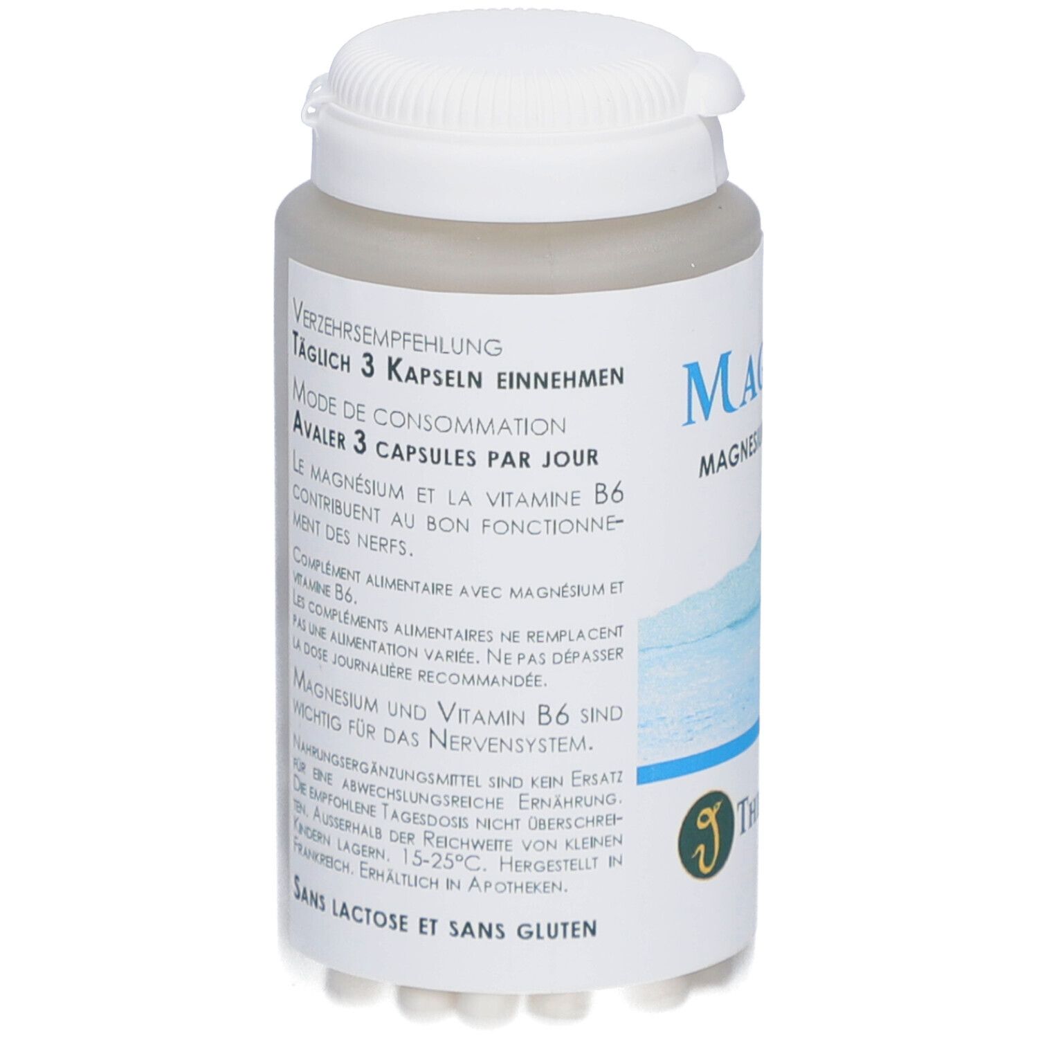 Flacon blanc avec texte. Inscription: Avaler 3 capsules par jour. Contient magnésium et vitamine B6. Marque: THIÉMARD.