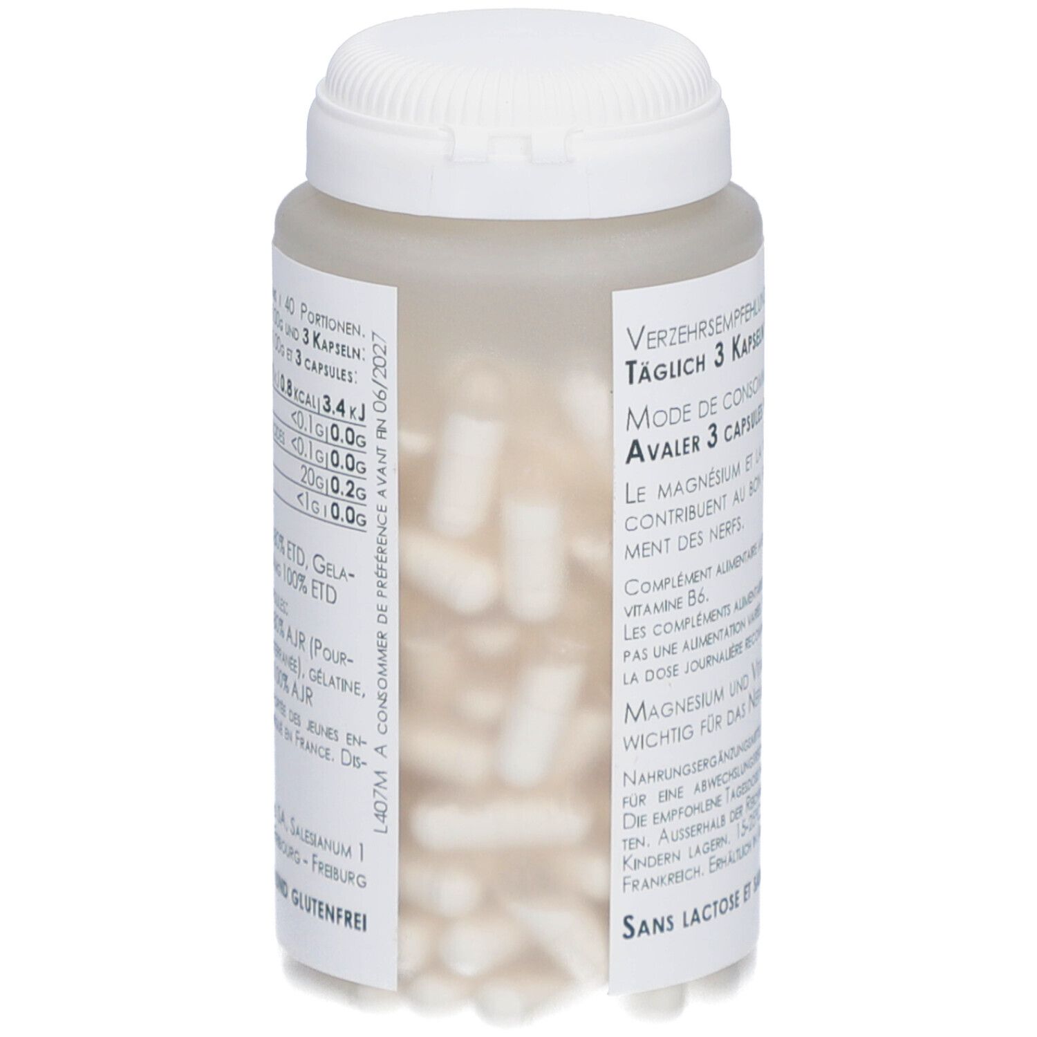 Flacon transparent avec gélules. Inscription: Avaler 3 capsules par jour. Contient magnésium et vitamine B6. Marque: THIÉMARD.