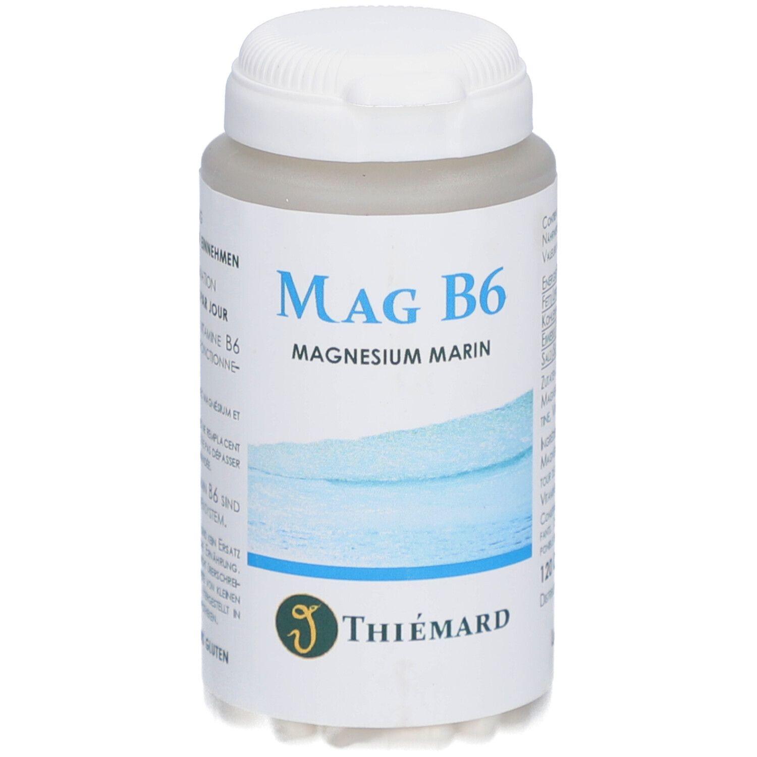 Flacon blanc avec étiquette bleue. Inscription: Mag B6 Magnesium Marin. Marque: THIÉMARD. 120 gélules.