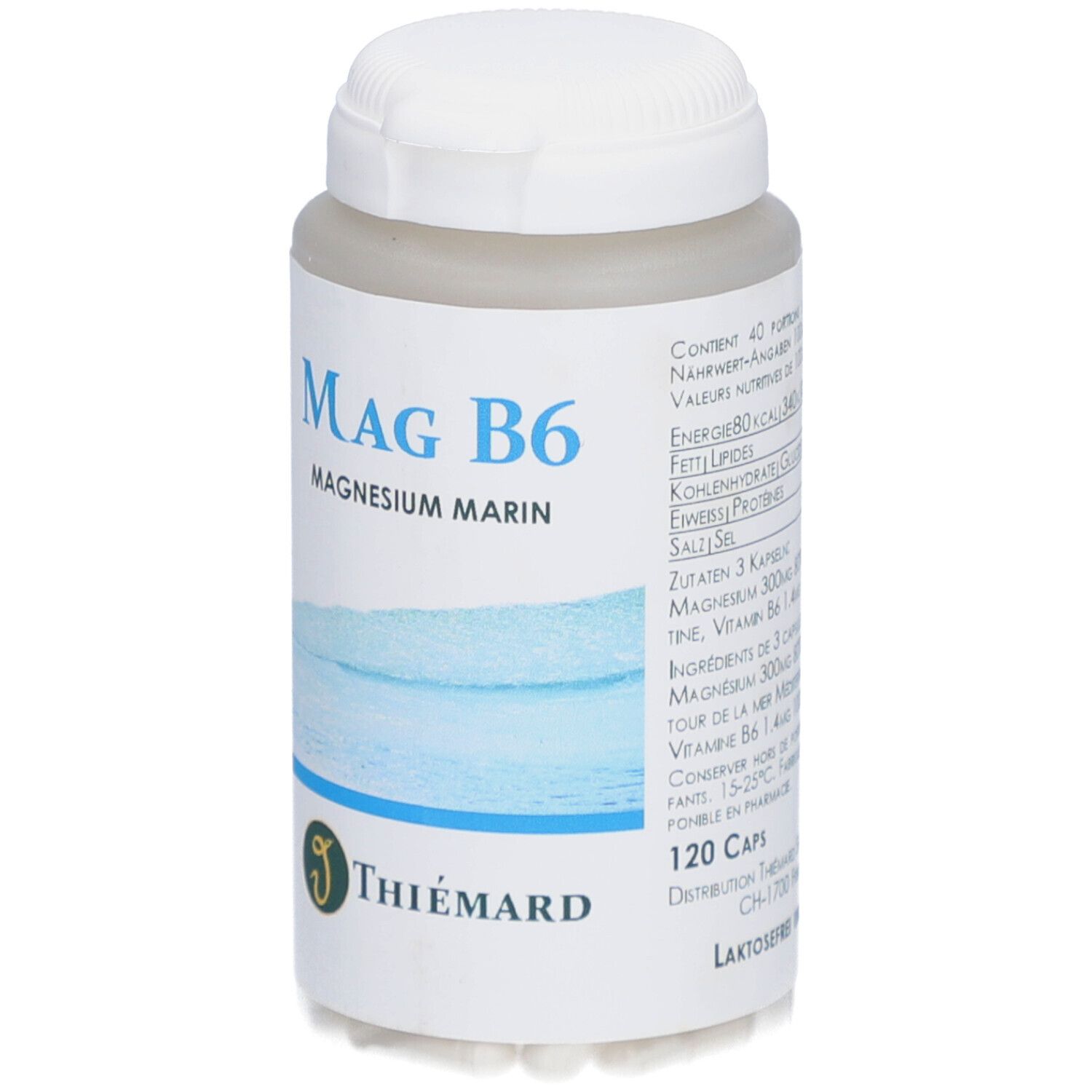 Flacon blanc avec étiquette bleue. Inscription: Mag B6 Magnesium Marin. Marque: THIÉMARD. 120 gélules.
