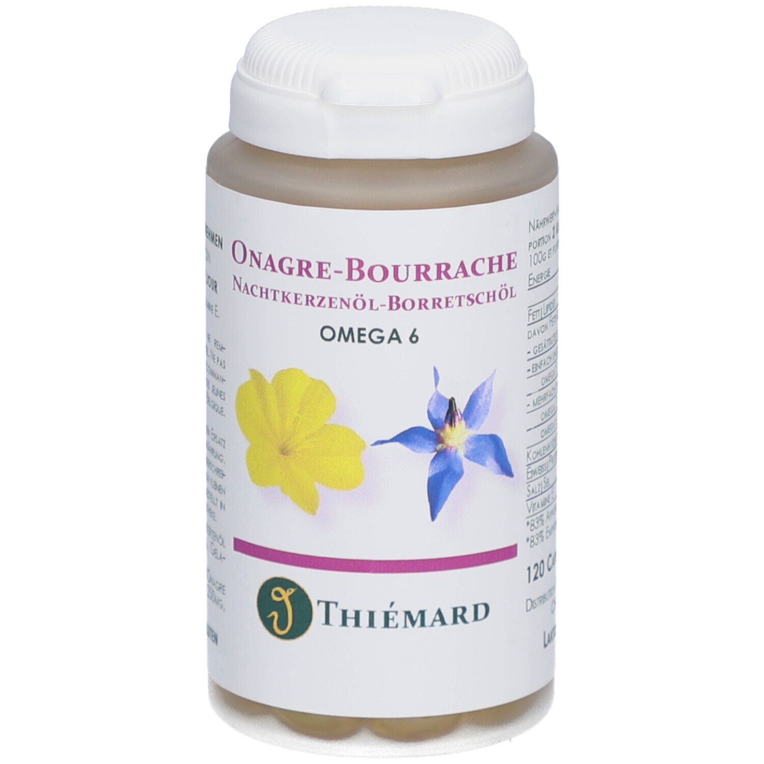 Behälter mit Kapseln. Aufschrift: Onagre-Bourrache, Omega 6. Logo: Thiemard. Abbildung: gelbe und blaue Blumen.