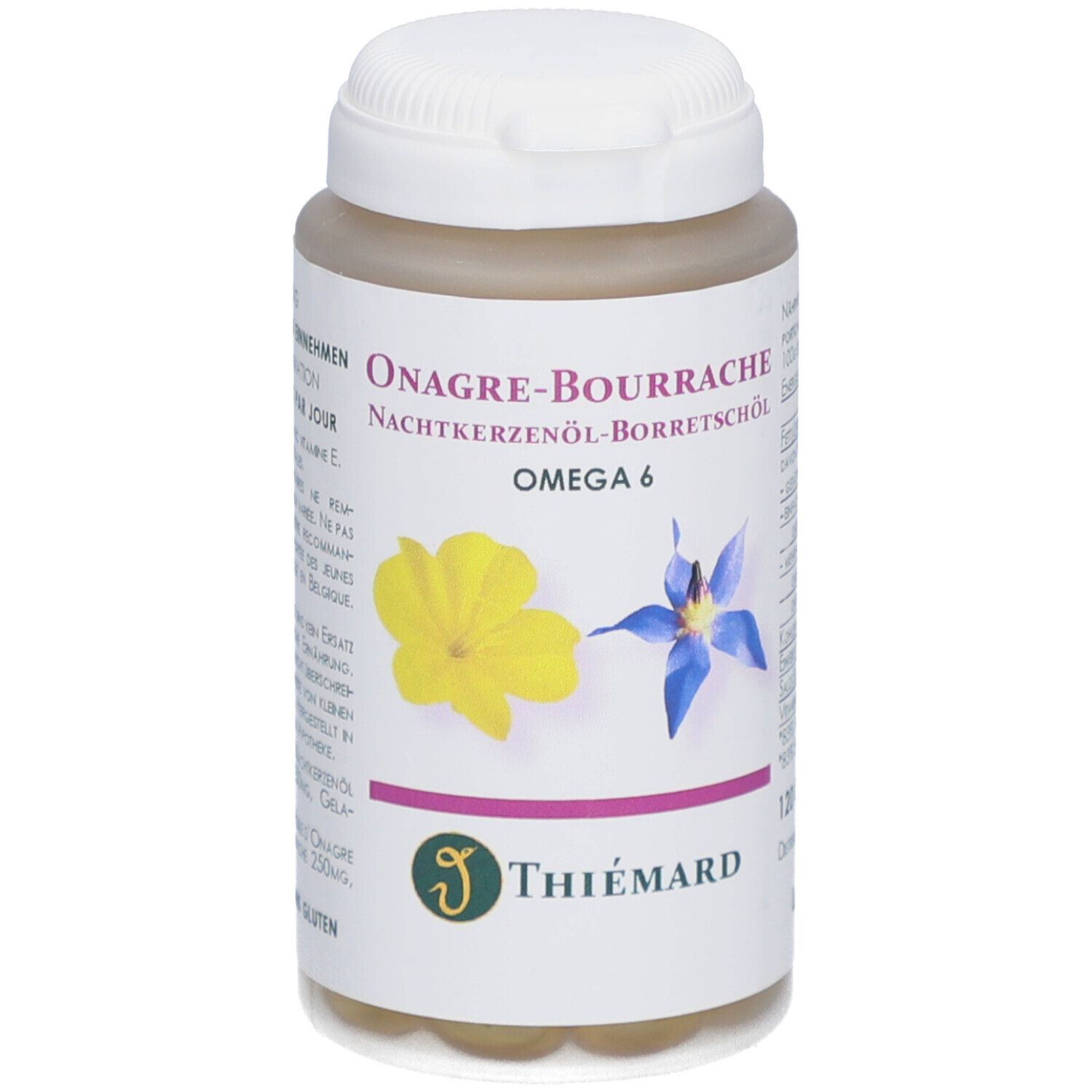 Behälter mit Kapseln. Aufschrift: Onagre-Bourrache, Omega 6. Logo: Thiemard. Abbildung: gelbe und blaue Blumen.