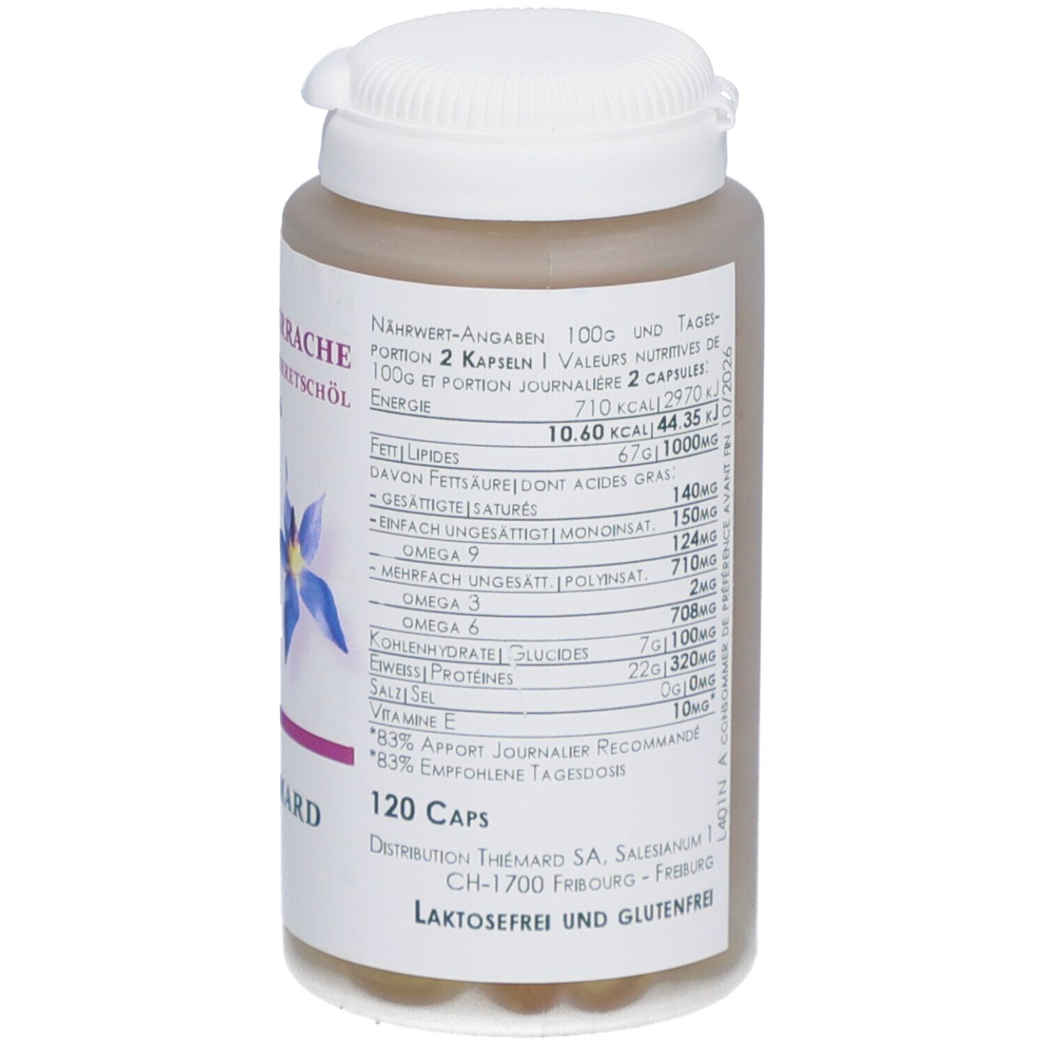 Behälter mit Kapseln. Aufschrift: Nährwertangaben. Logo: Thiemard. 120 Kapseln. Text: Sans lactose et sans gluten.