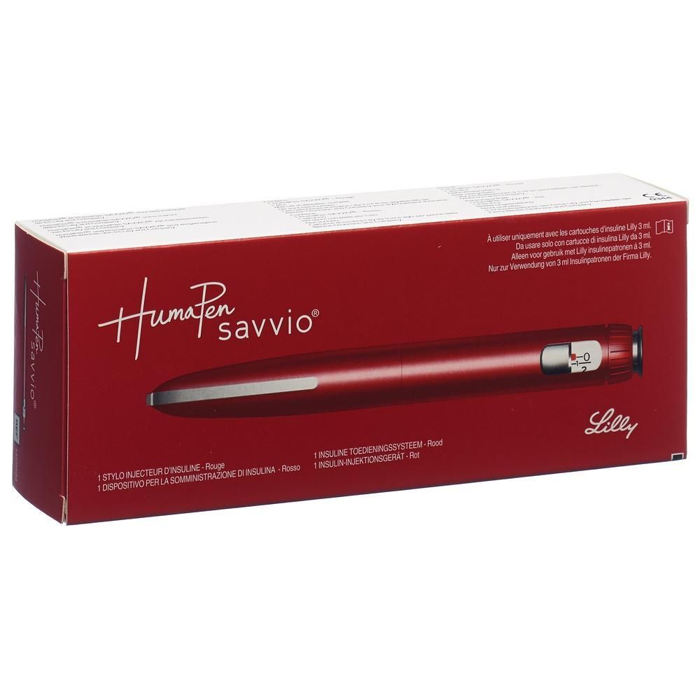 Rote HumaPen Savvio Insulin-Pen auf rotem Karton.
