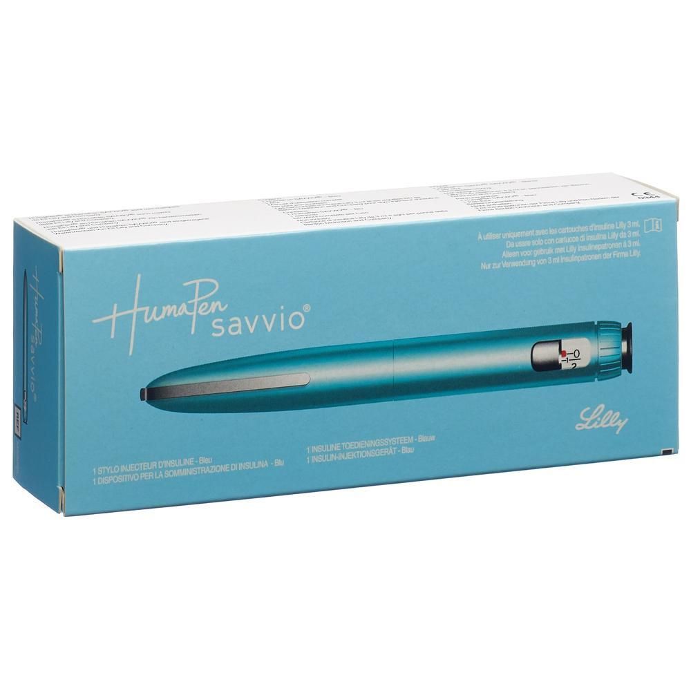 HUMAPEN Savvio Insulin Pen, blau. Kartonverpackung mit Abbildung des Pens und Produktinformationen.