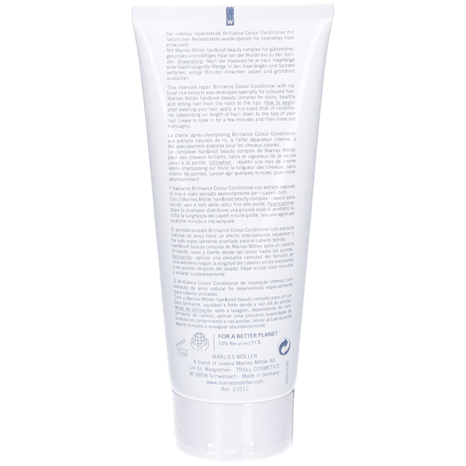 Dos du tube. Marlies Möller. Colour Brilliance Conditioner. Texte en plusieurs langues.