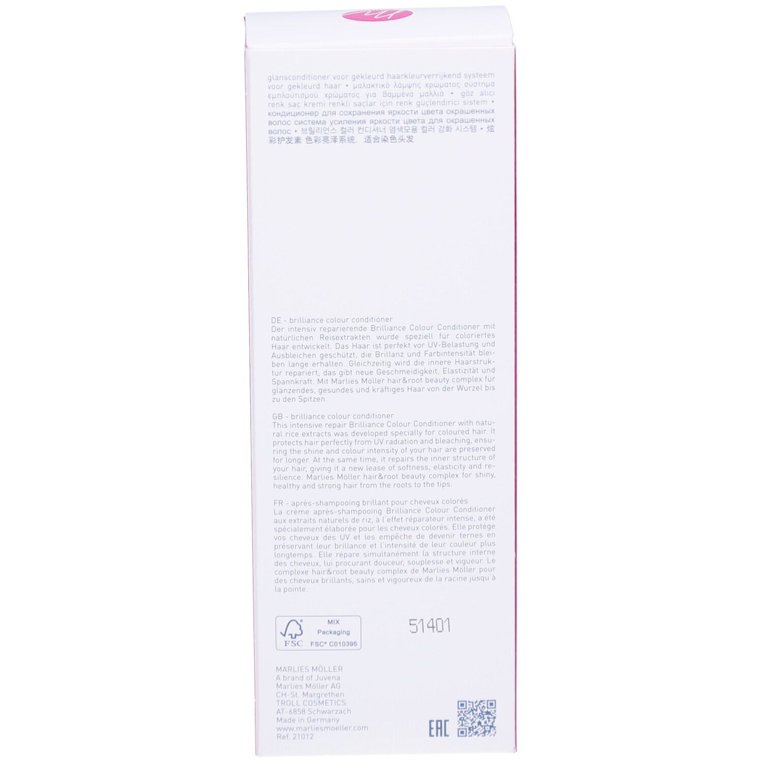 Boîte. Marlies Möller. Colour Brilliance Conditioner. Logo rose.