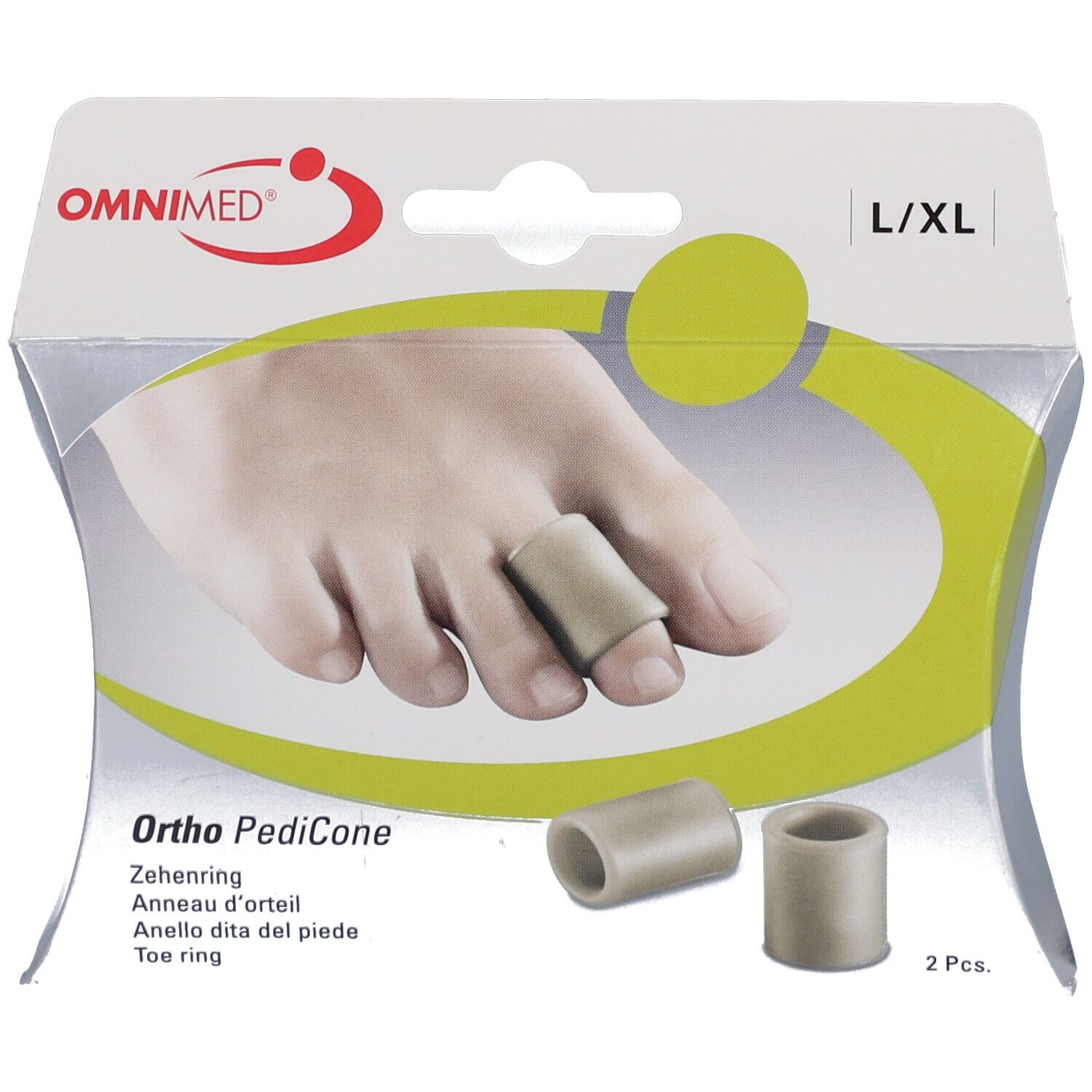 Zehenring L/XL in Verpackung. OMNIMED Logo. Produktname: Ortho PediCone. Zwei Zehenringe, einer am Fuß, einer daneben.