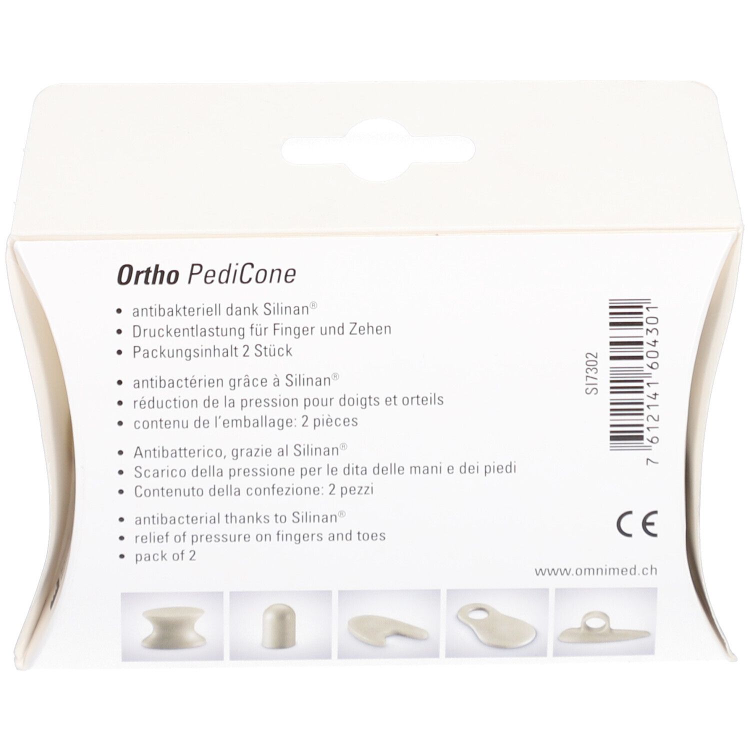 Rückseite der Verpackung. Produktname: Ortho PediCone. Text in Deutsch, Französisch, Italienisch und Englisch. CE-Kennzeichnung.