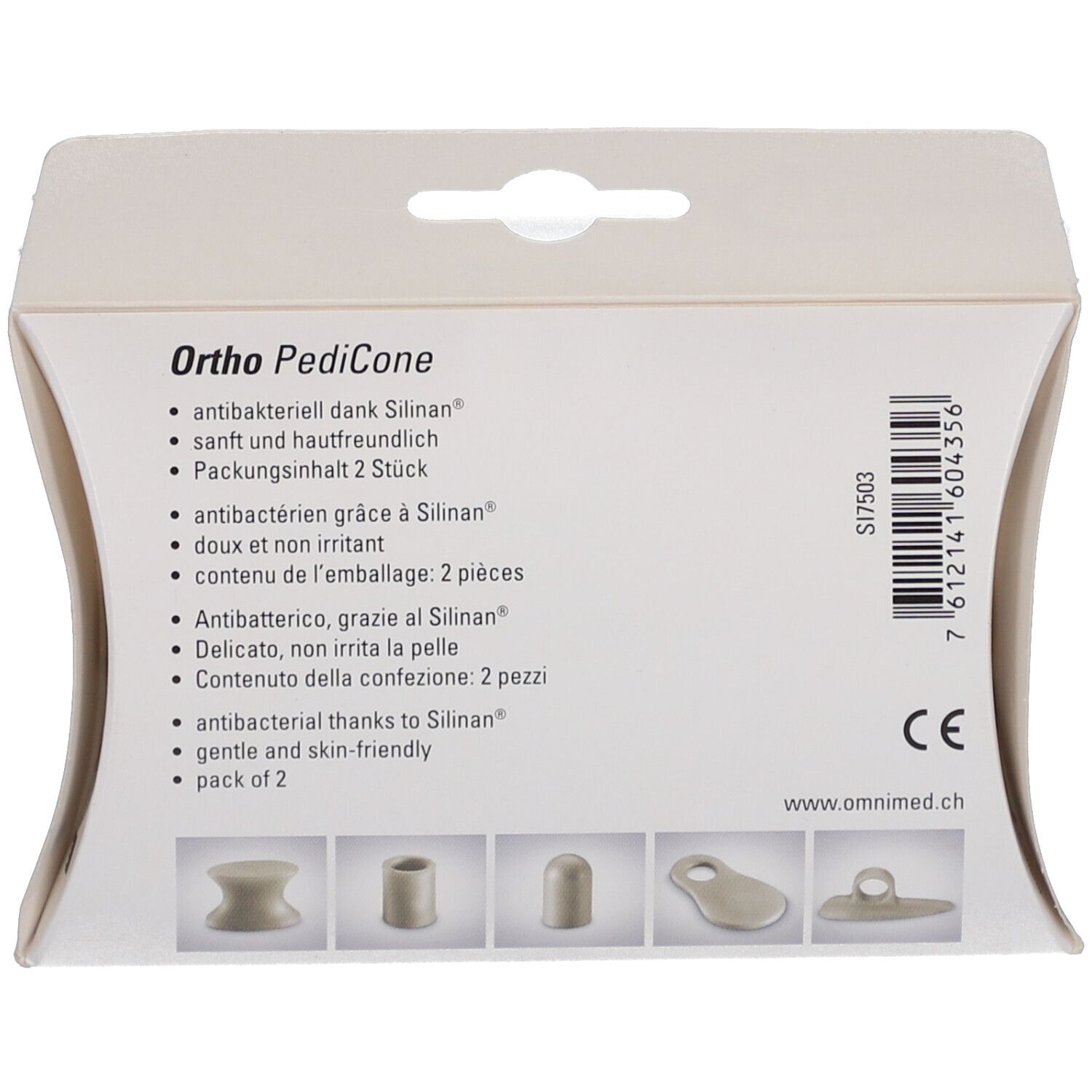 Dos de l'emballage avec informations produit. Ortho PediCone, antibactérien, 2 pièces. Marque CE et code-barres.