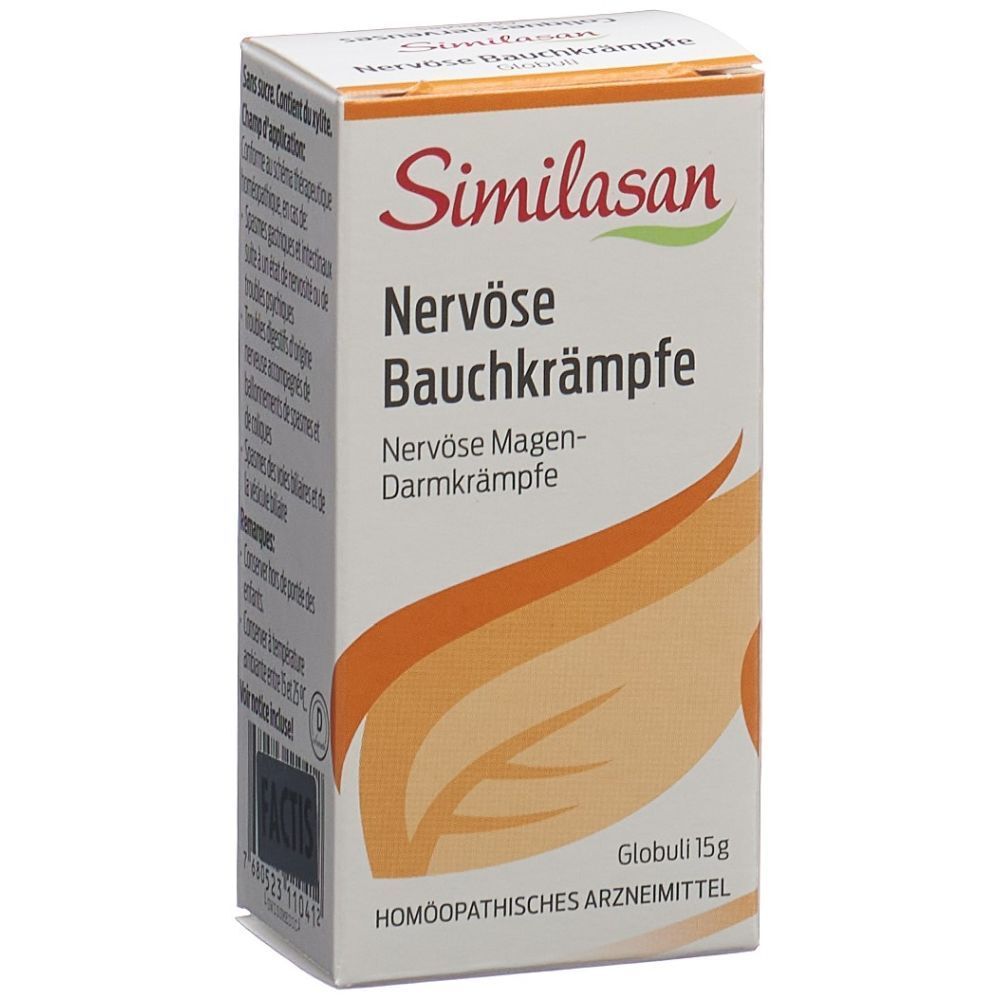 Karton mit Similasan-Produkt. Aufschrift: Nervöse Bauchkrämpfe. Globuli 15g. Homöopathisches Arzneimittel. Logo.