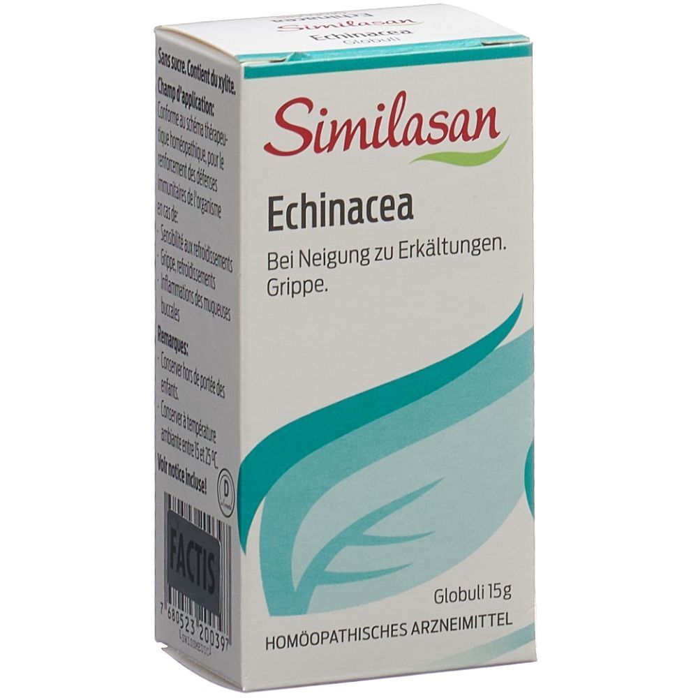 Karton mit Similasan Echinacea Globuli. Text: Bei Neigung zu Erkältungen. Grippe. Globuli 15g. Homöopathisches Arzneimittel.