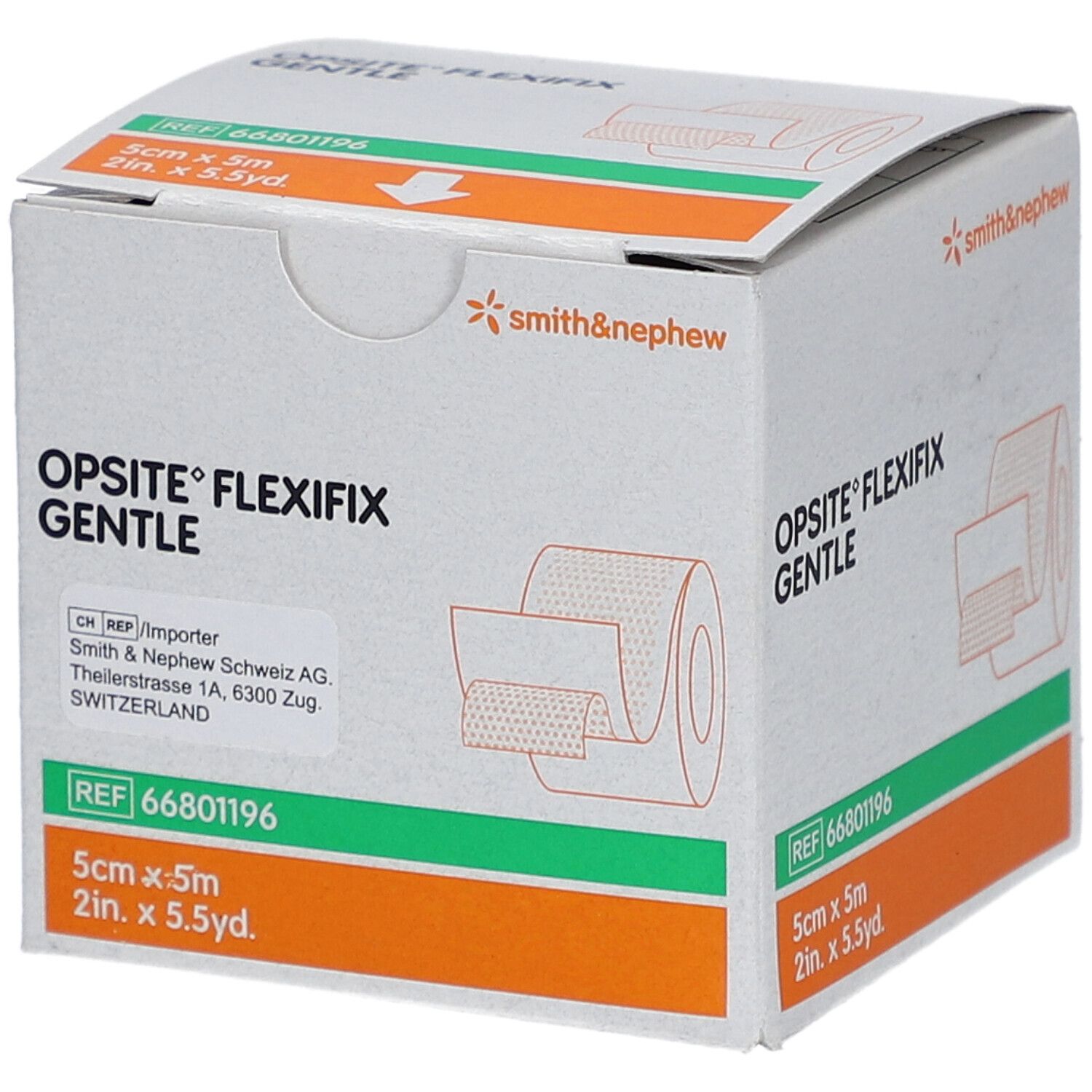 Verpackung von Smith&Nephew Opsite Flexifix Sanft. Box mit Produktabbildung und Größenangabe: 5cm x 5m.