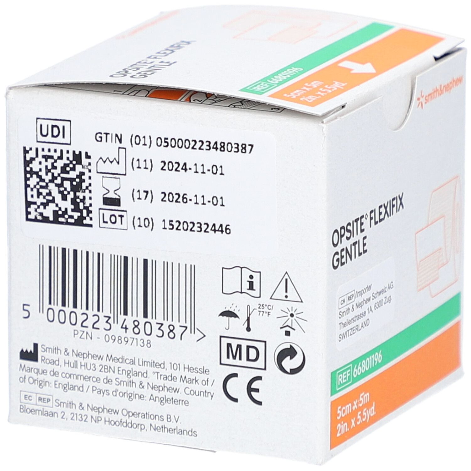 Rückseite der Verpackung von Smith&Nephew Opsite Flexifix Sanft. Mit Barcode, UDI und CE-Kennzeichnung.