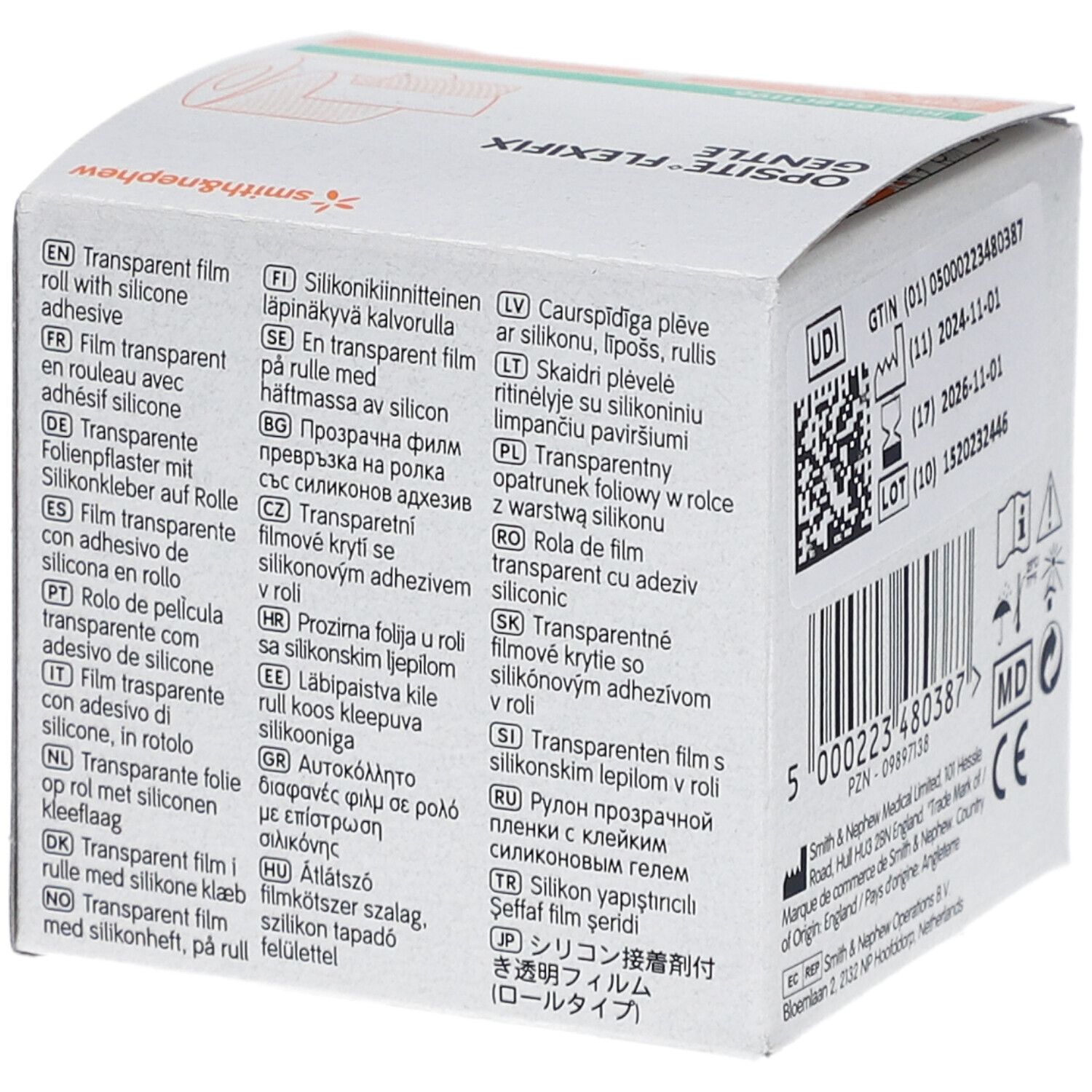 Verpackung von Smith&Nephew Opsite Flexifix Sanft. Mehrsprachige Produktbeschreibung, einschließlich Deutsch.